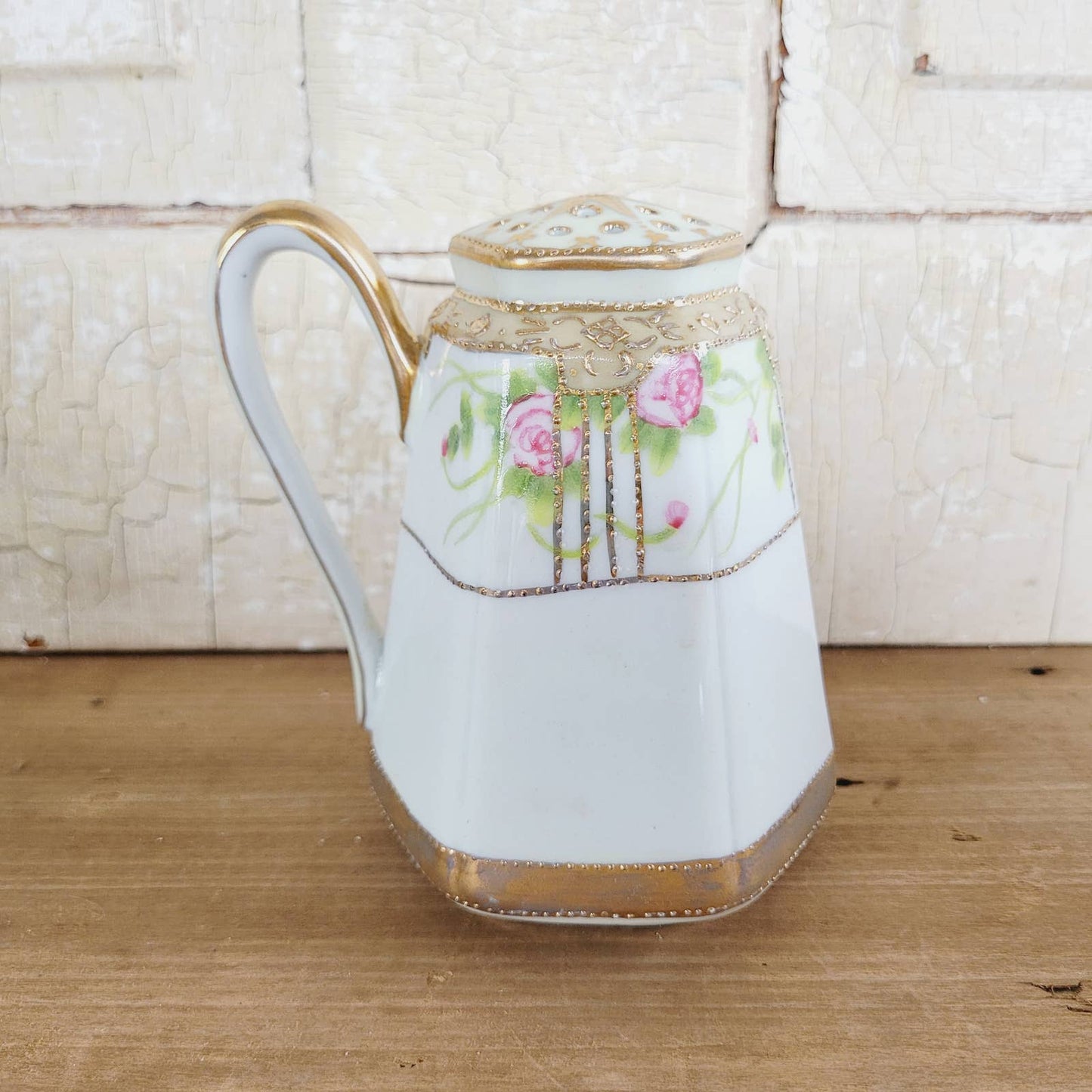 Antique Nippon Hand Painted Pink Roses & Gold Beaded Sugar Shaker
