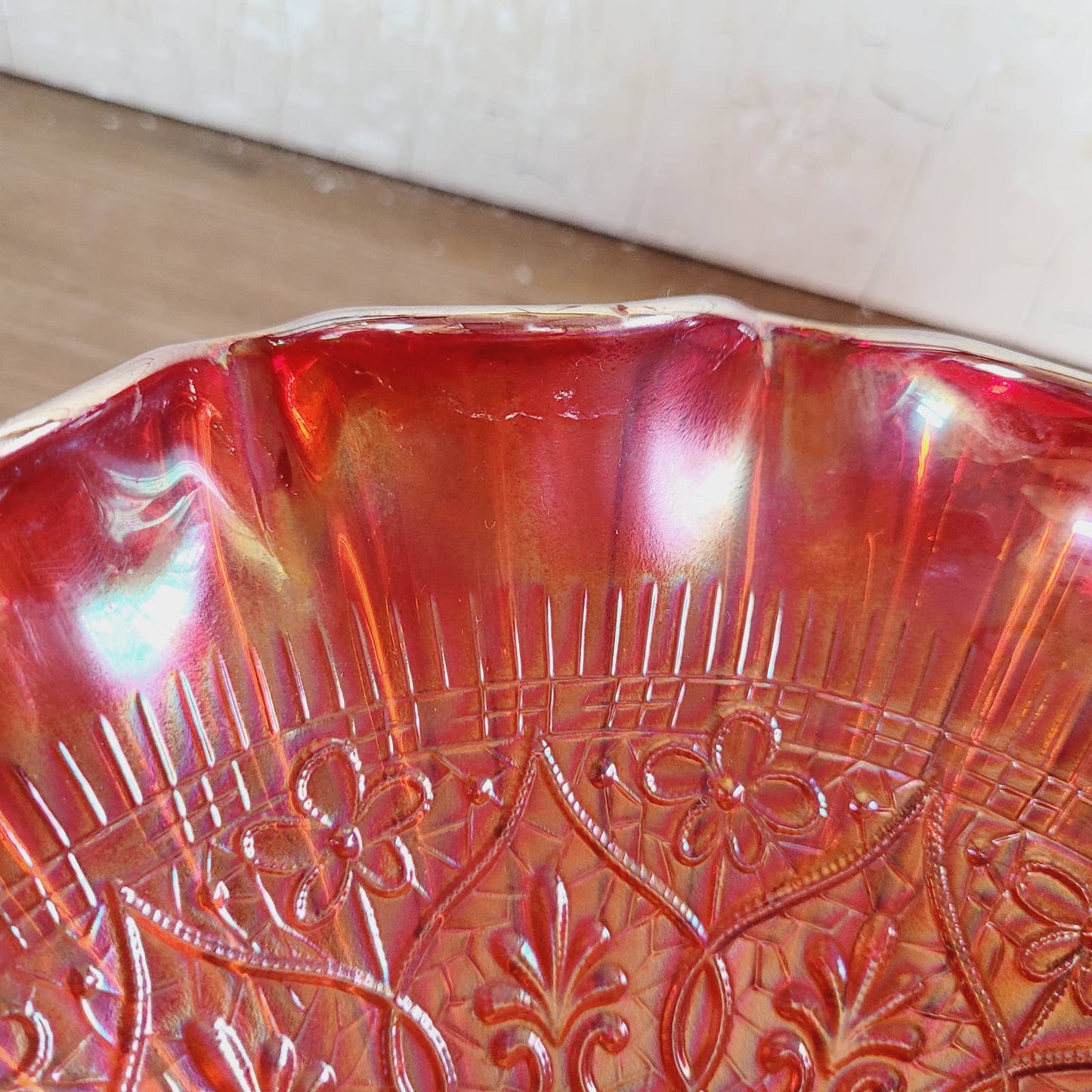 10” Large Fenton RED Carnival Glass Pedestal Bowl Hearts & Flowers