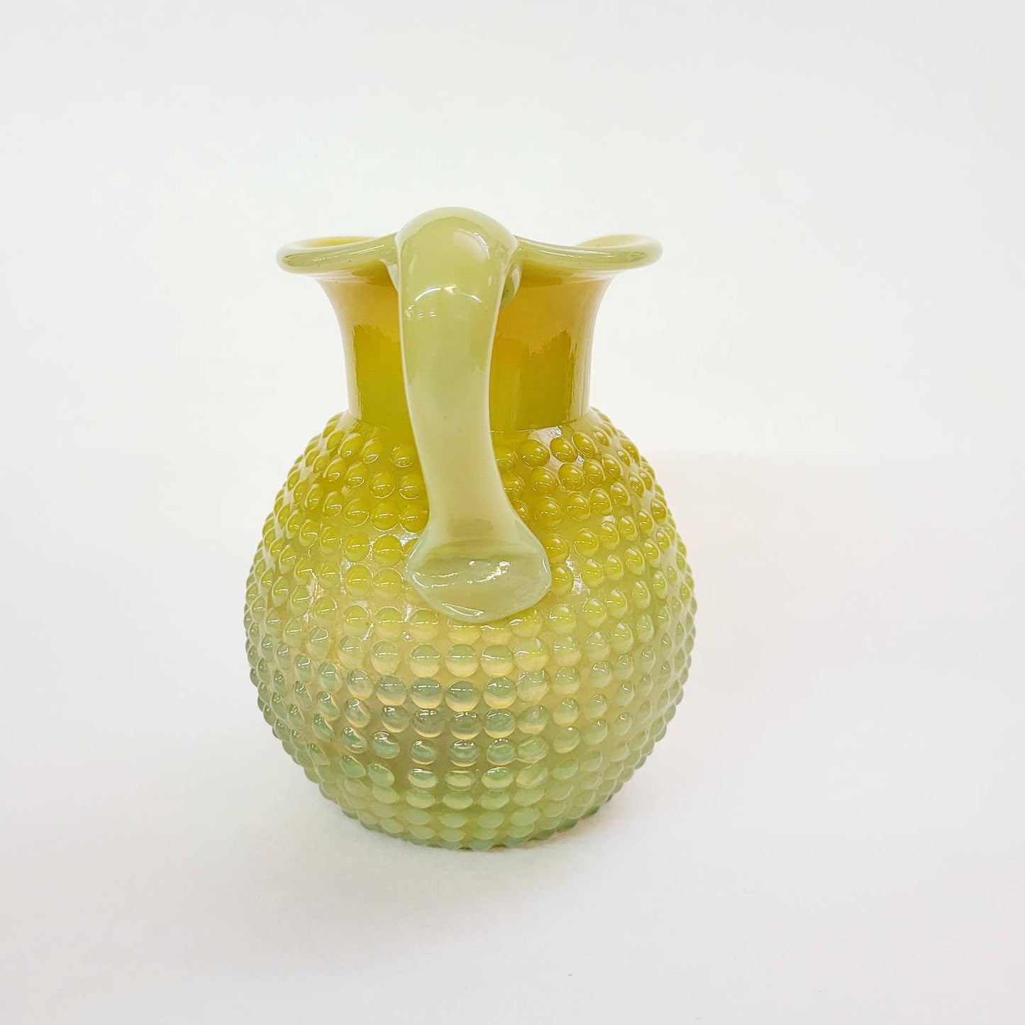 VINTAGE ART GLASS YELLOW GREEN HOBNAIL PITCHER