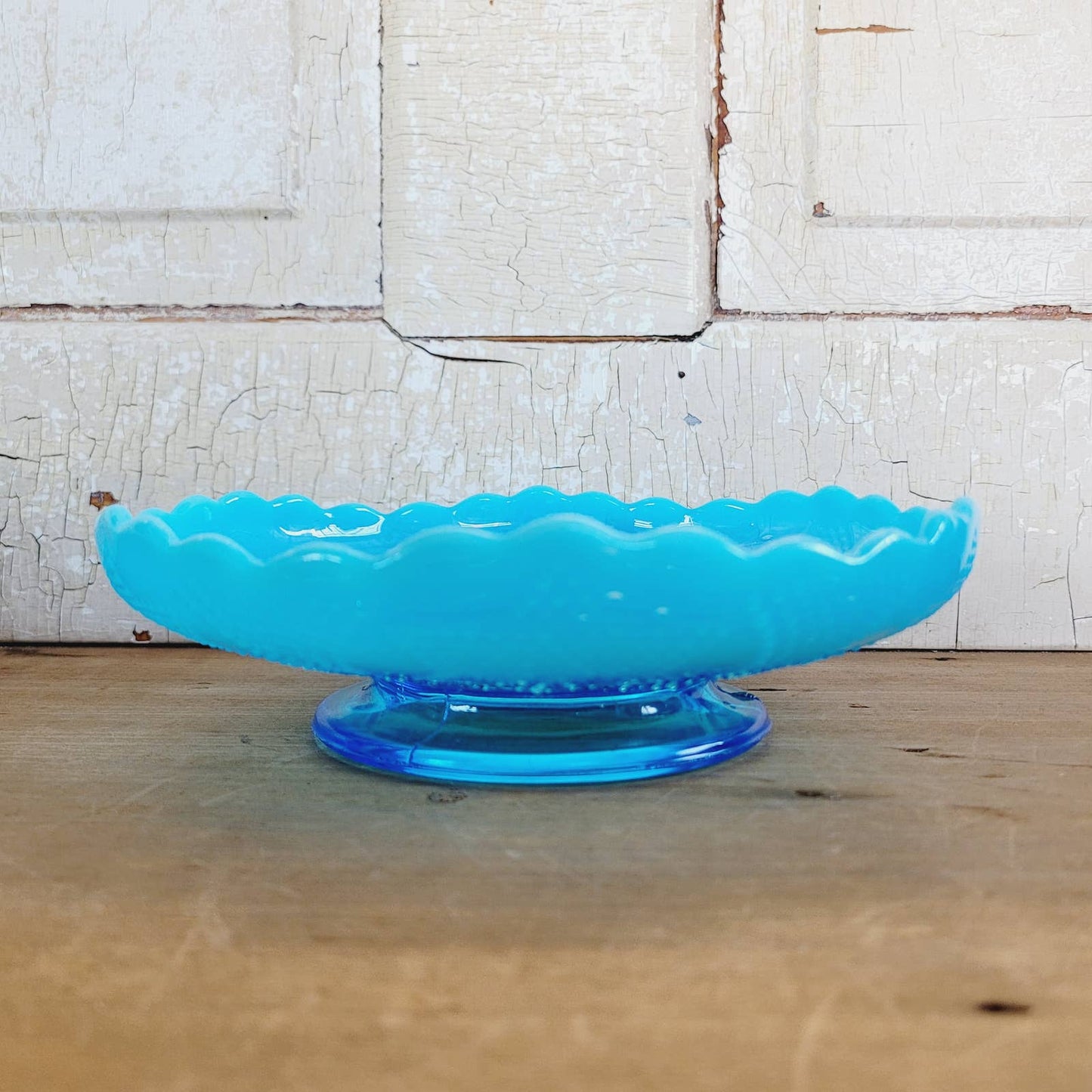 Vintage Fenton Beaded Stars and Swag Opalescent Blue Pedestal Bowl