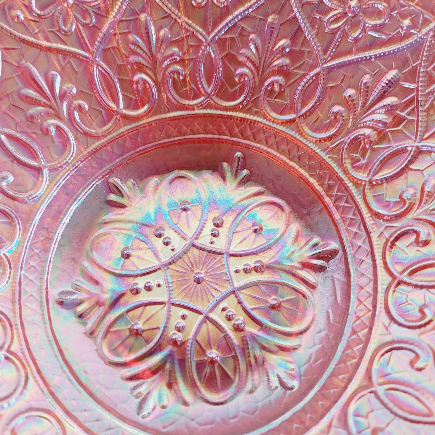 10” Large Fenton RED Carnival Glass Pedestal Bowl Hearts & Flowers