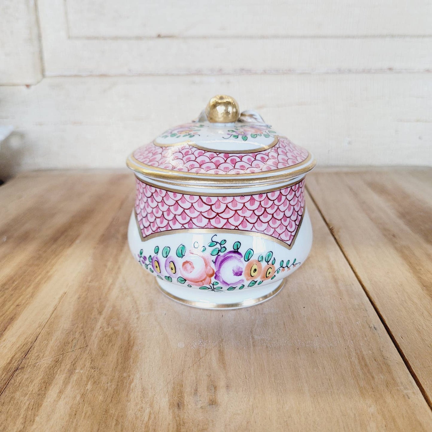 Antique Porcelain Jar with Lid Cherry Apple and Flowers