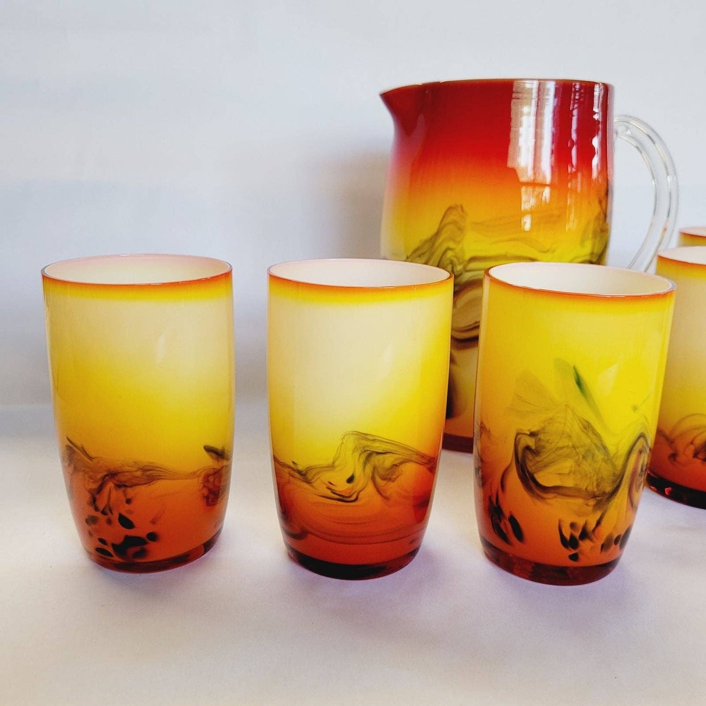 Vintage Cased Glass Tumblers and Pitcher