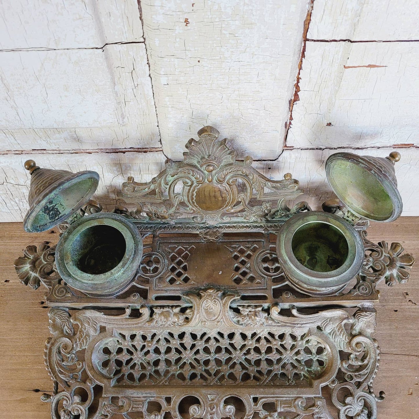 Original Antique Brass Double Inkwell