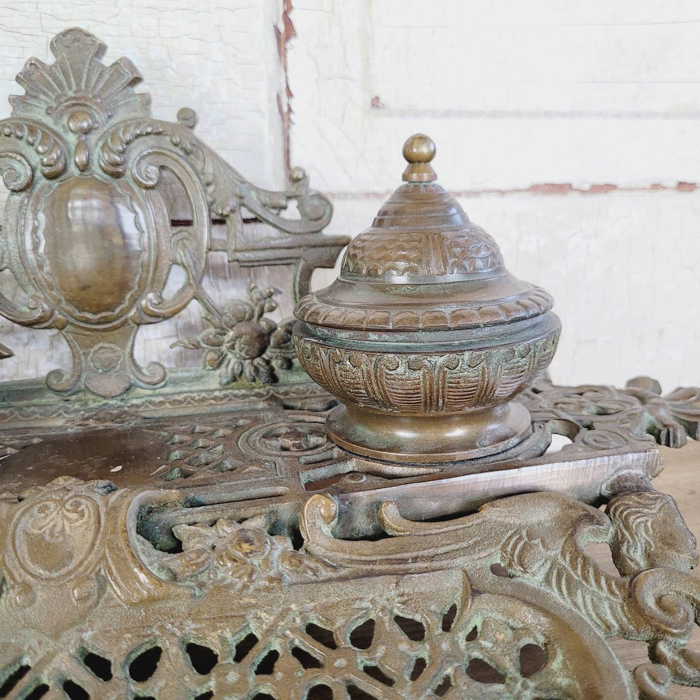 Original Antique Brass Double Inkwell