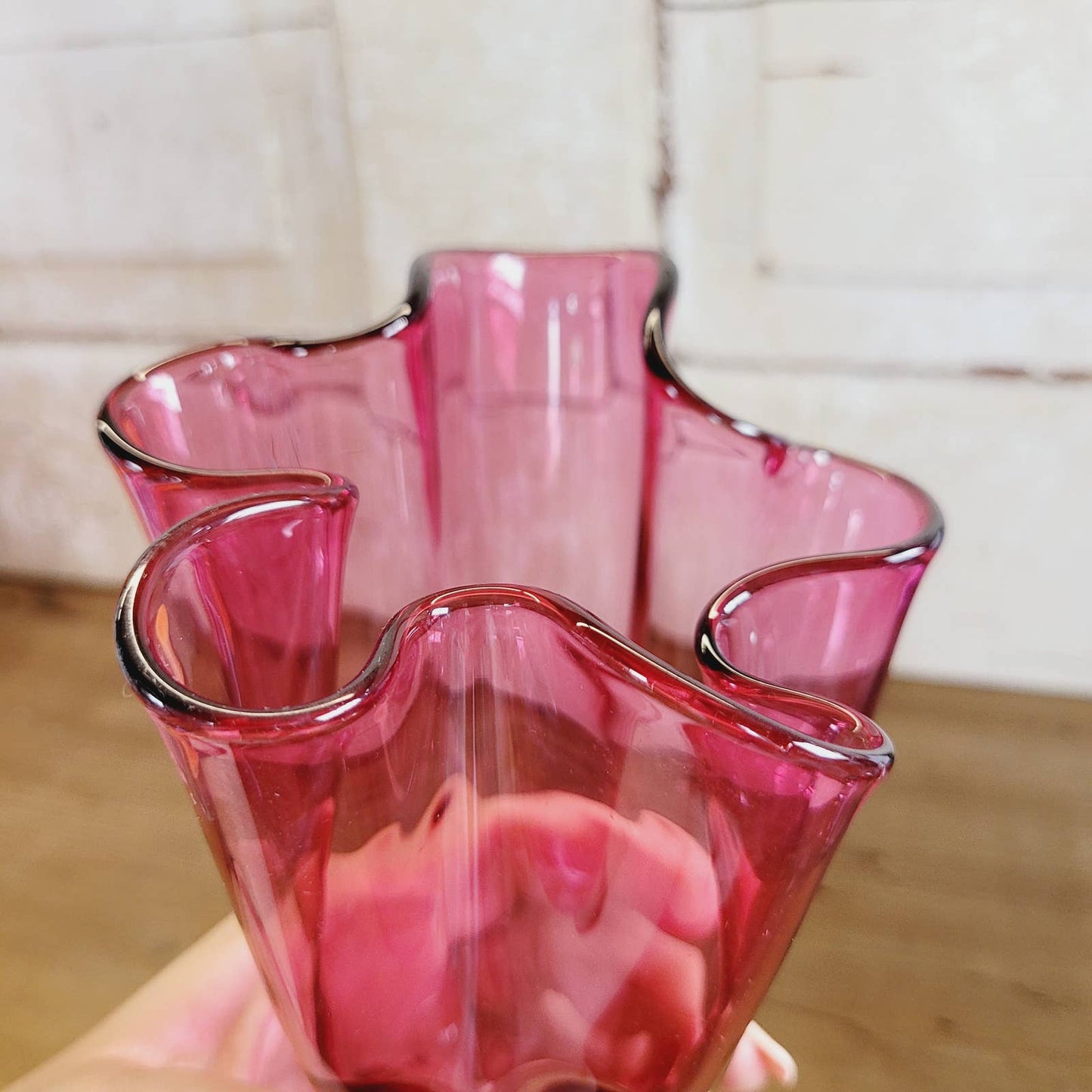 Vintage Art Glass Cranberry Thumbprint Handkerchief Vase