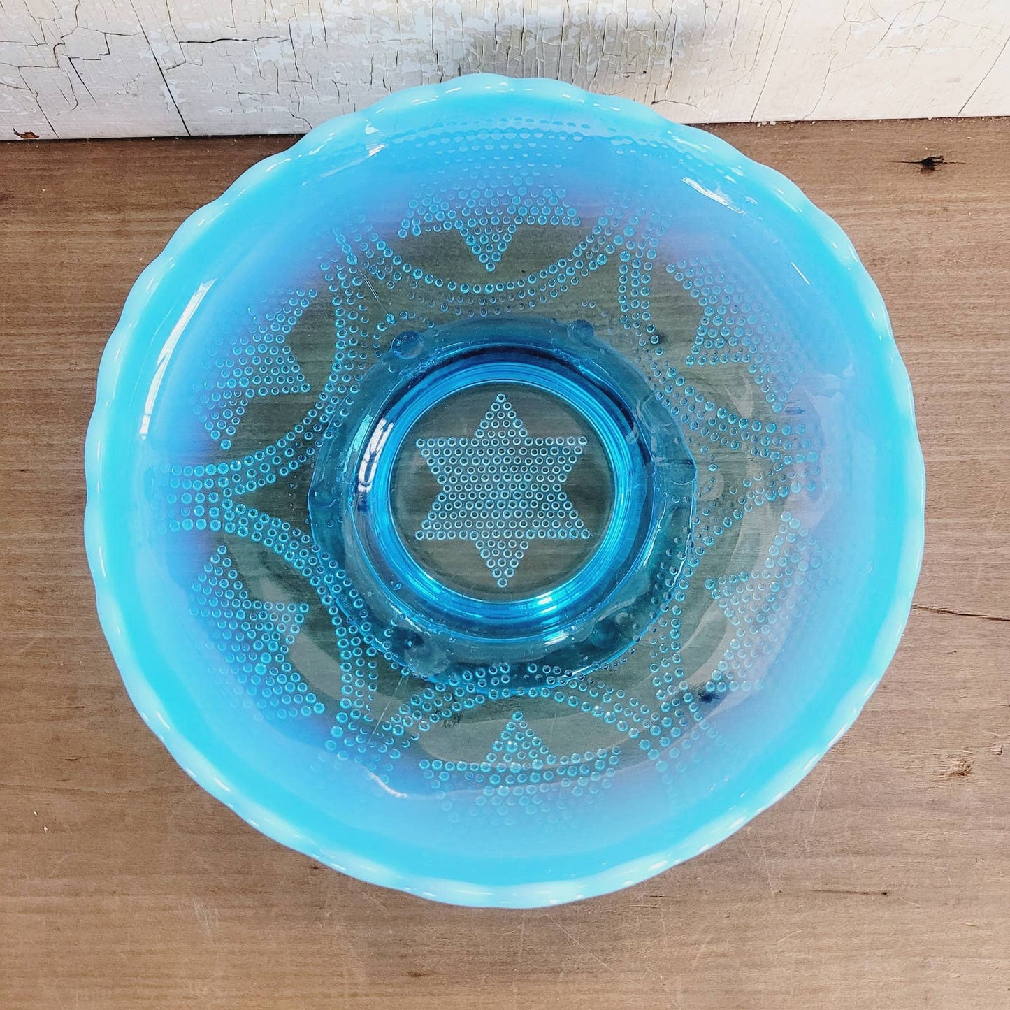 Vintage Fenton Beaded Stars and Swag Opalescent Blue Pedestal Bowl