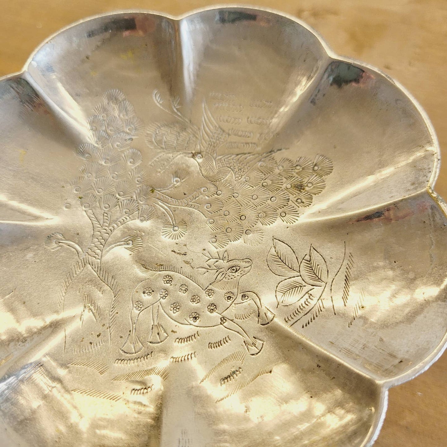 Vintage Etched Pedestal Dish with Animals and Plants