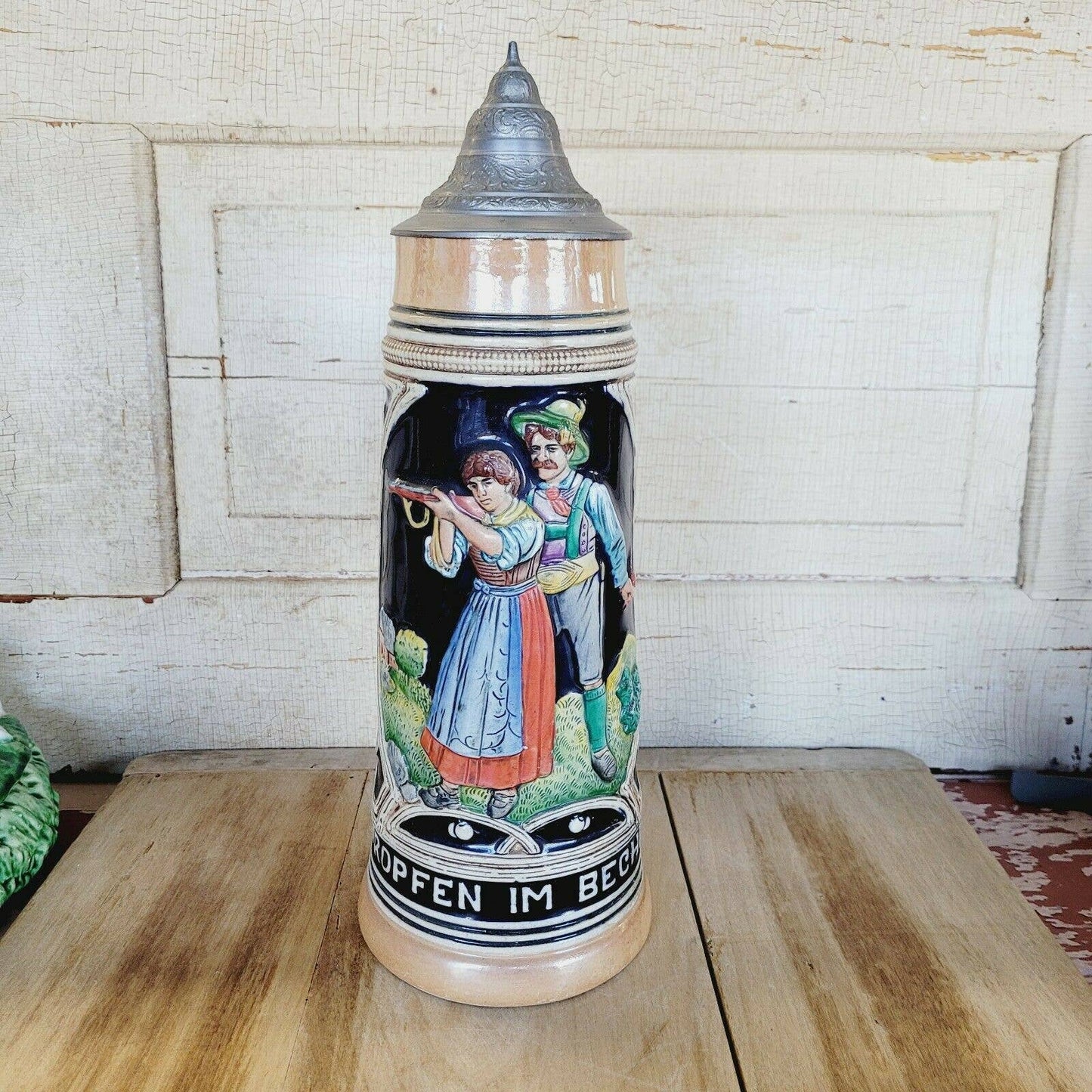 Vintage Large 14" Tall German Stoneware Lidded Beer Mug Stein Germany Thewalt.