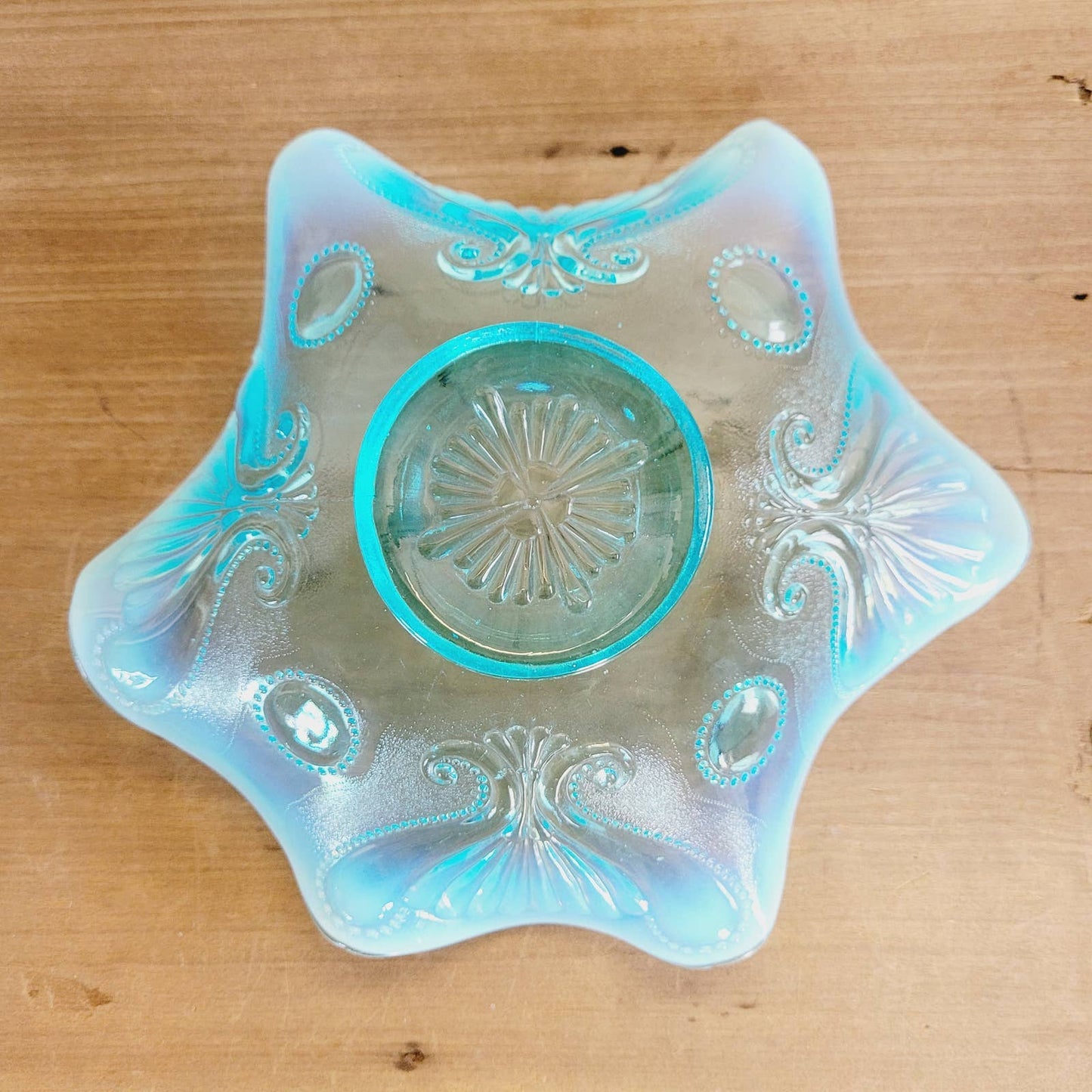 Vintage Beaded Shell Opalescent Blue Pedestal Bowl