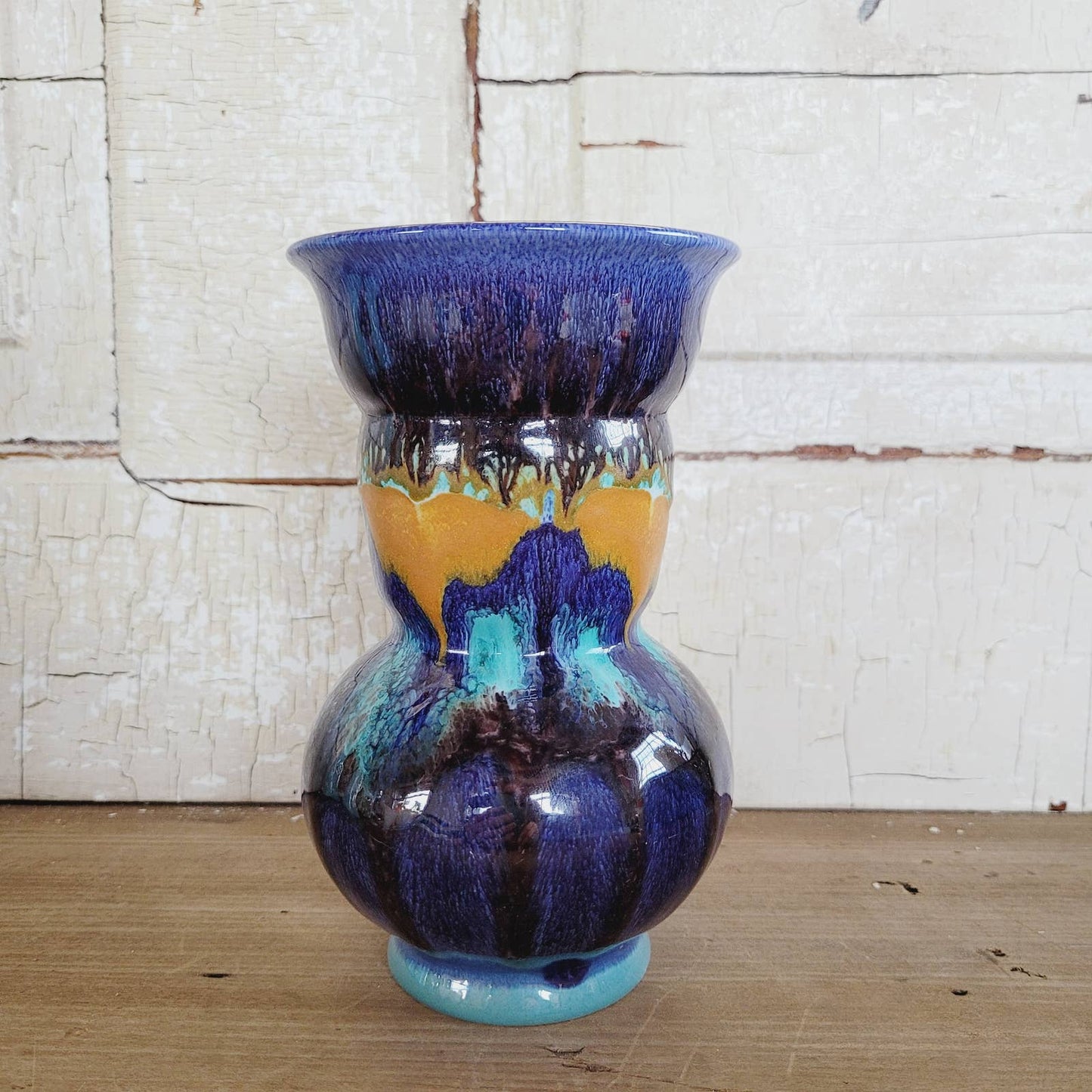 Antique Gouda Holland Pottery Blue Orange Vase #997