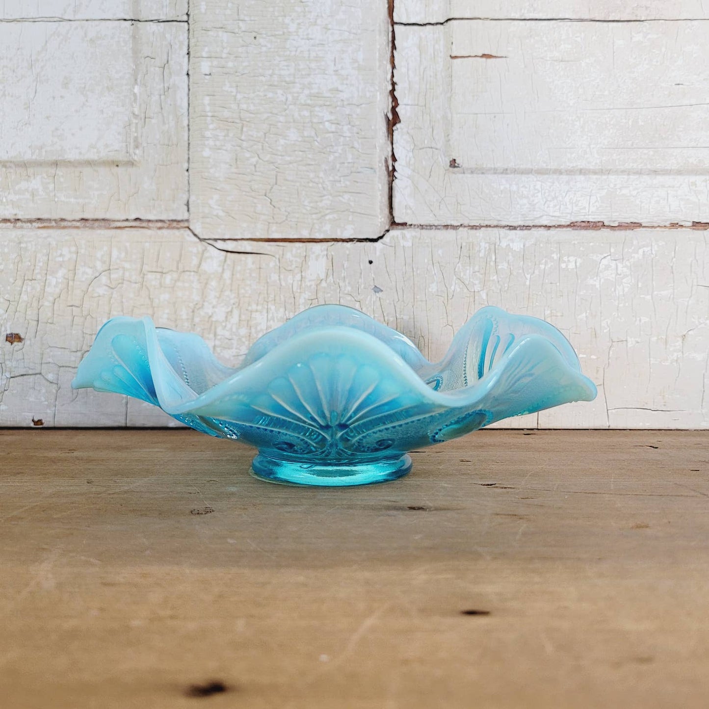 Vintage Beaded Shell Opalescent Blue Pedestal Bowl