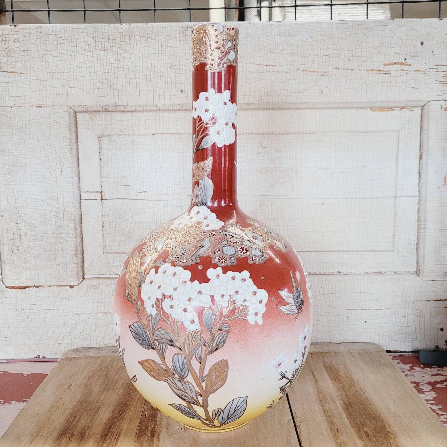 Antique Japanese Porcelain Vase with Butterflies and Blossoms