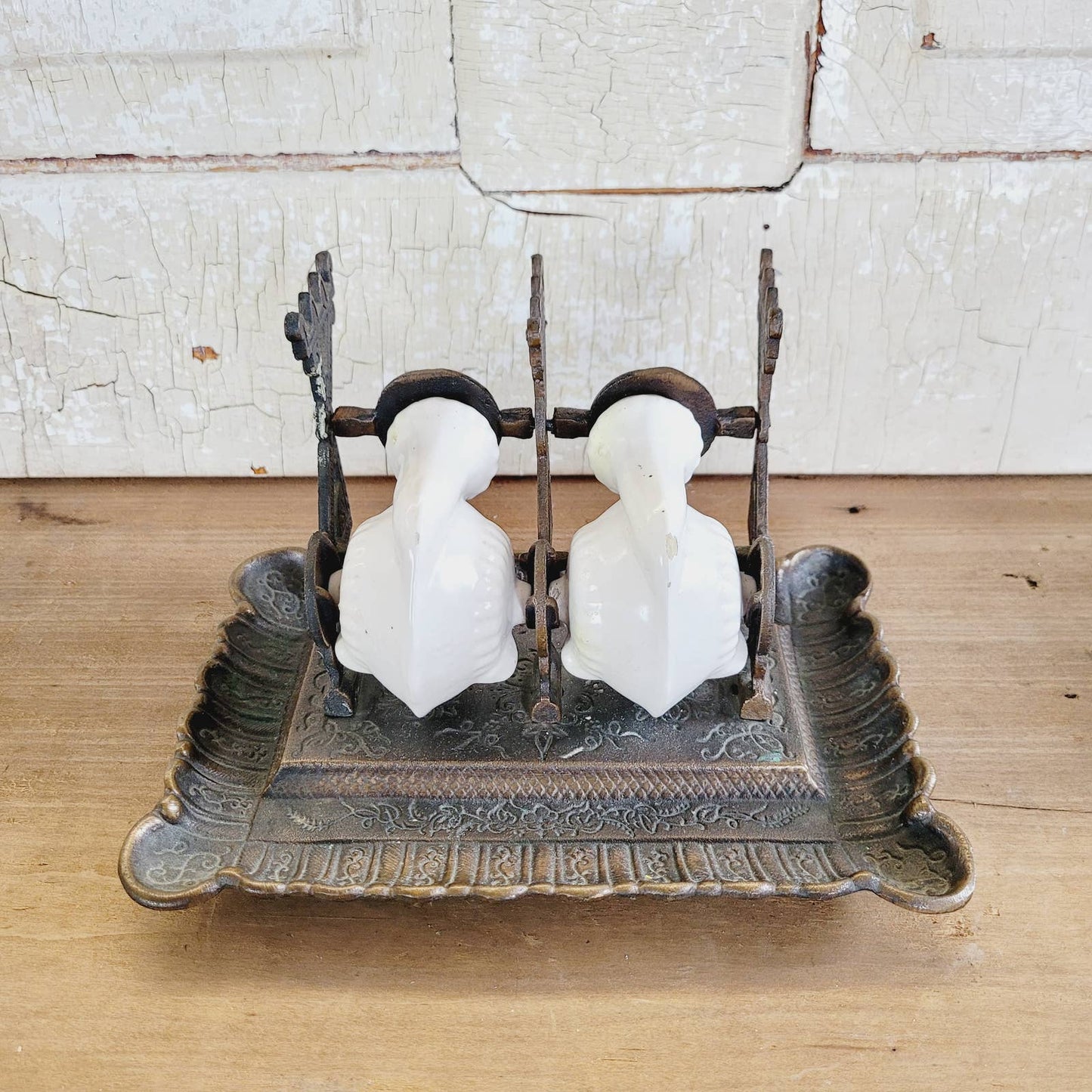 Antique Vintage Double Snail Inkwell Pen Holder Ceramic Stoneware