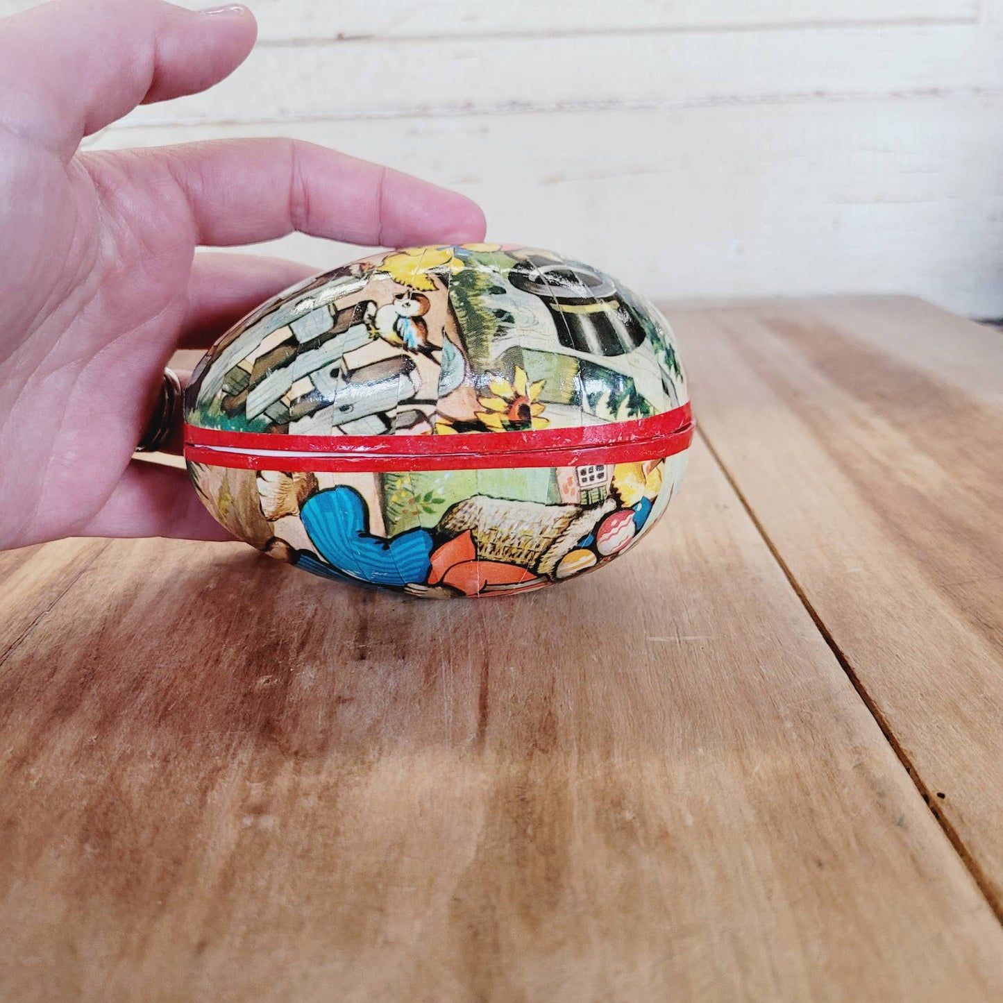 Vintage 4 1/8" Paper Mache Egg Western Germany Easter Bunny and Duckling