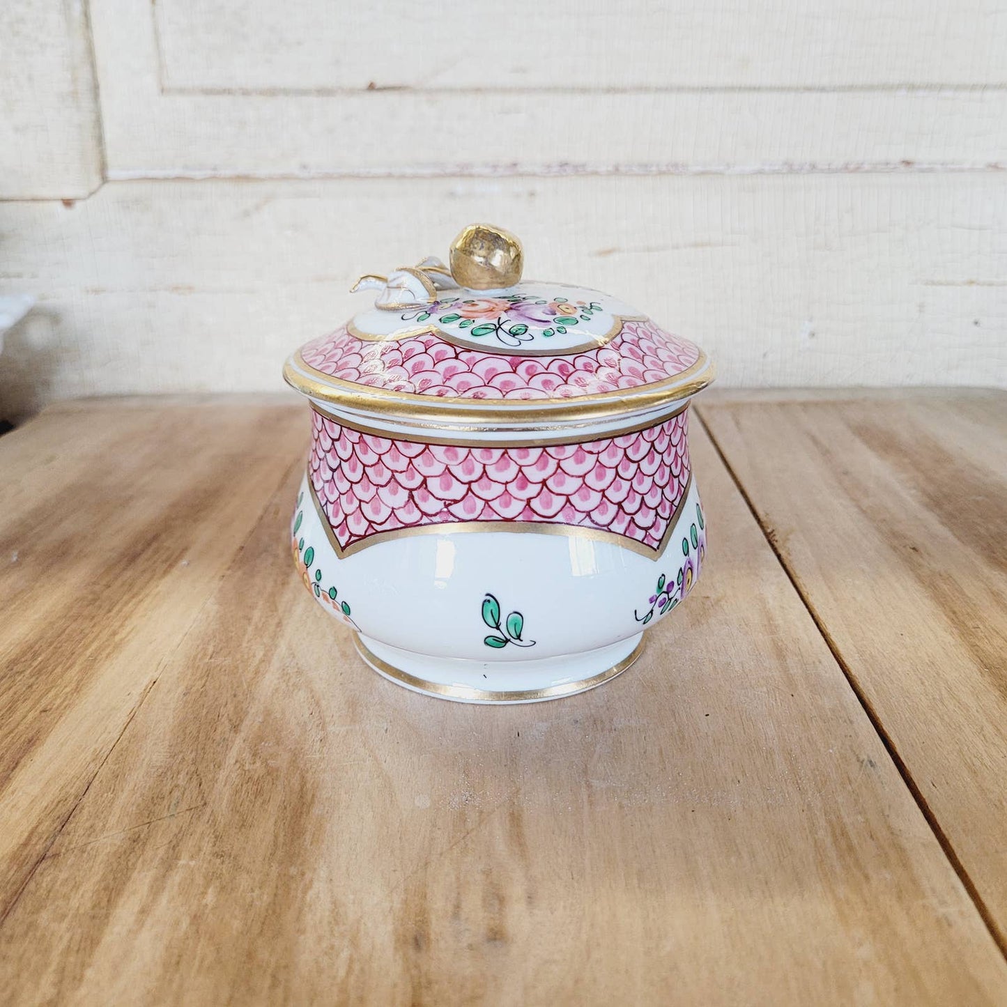 Antique Porcelain Jar with Lid Cherry Apple and Flowers