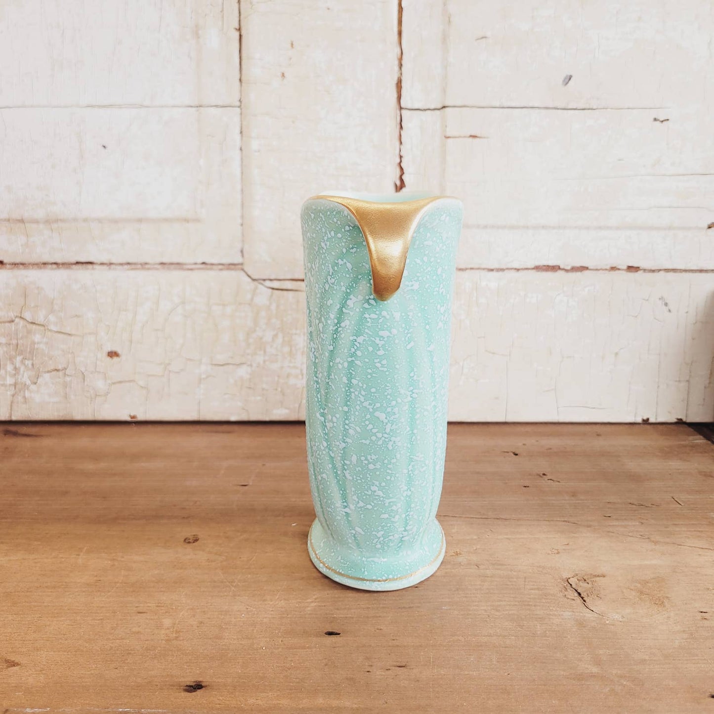 Vintage Crown Devon Vase Aqua, Speckled, Gold Trim
