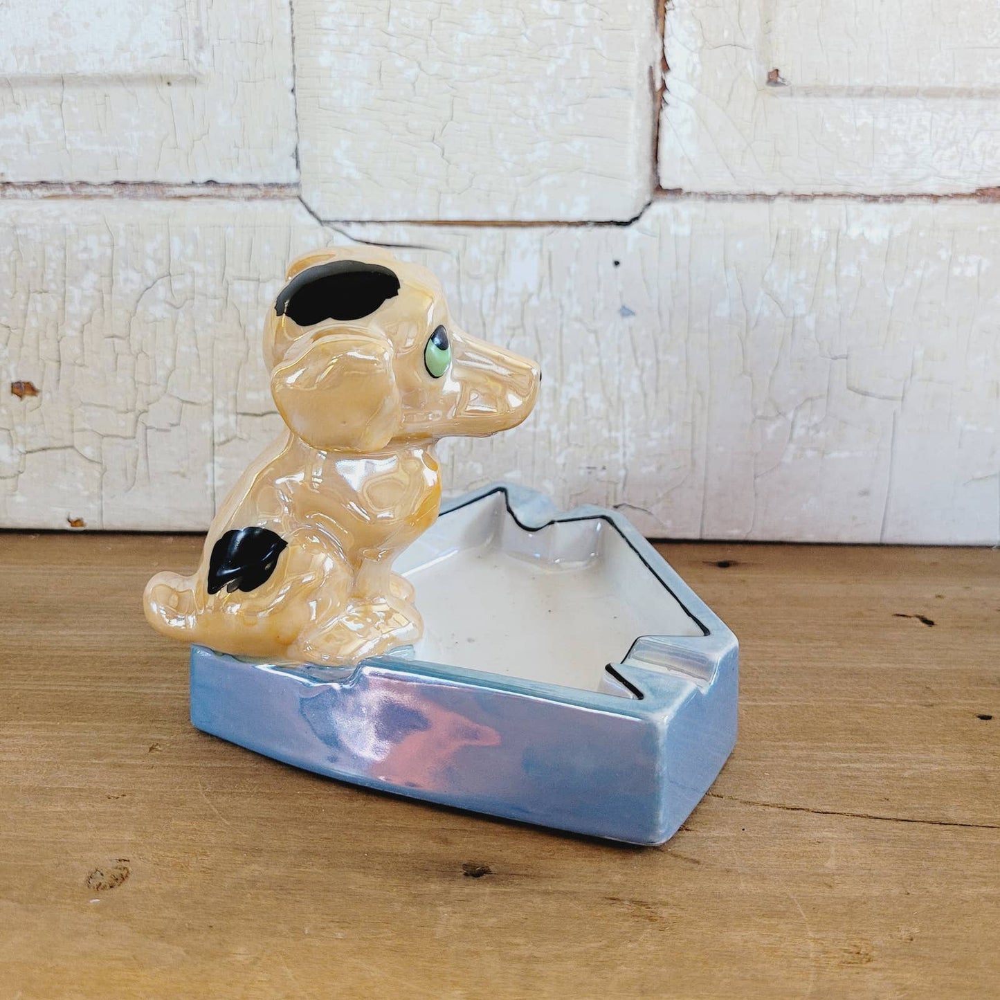 Vintage c1950s Hand Painted Lusterware Porcelain Dog Figural Ashtray