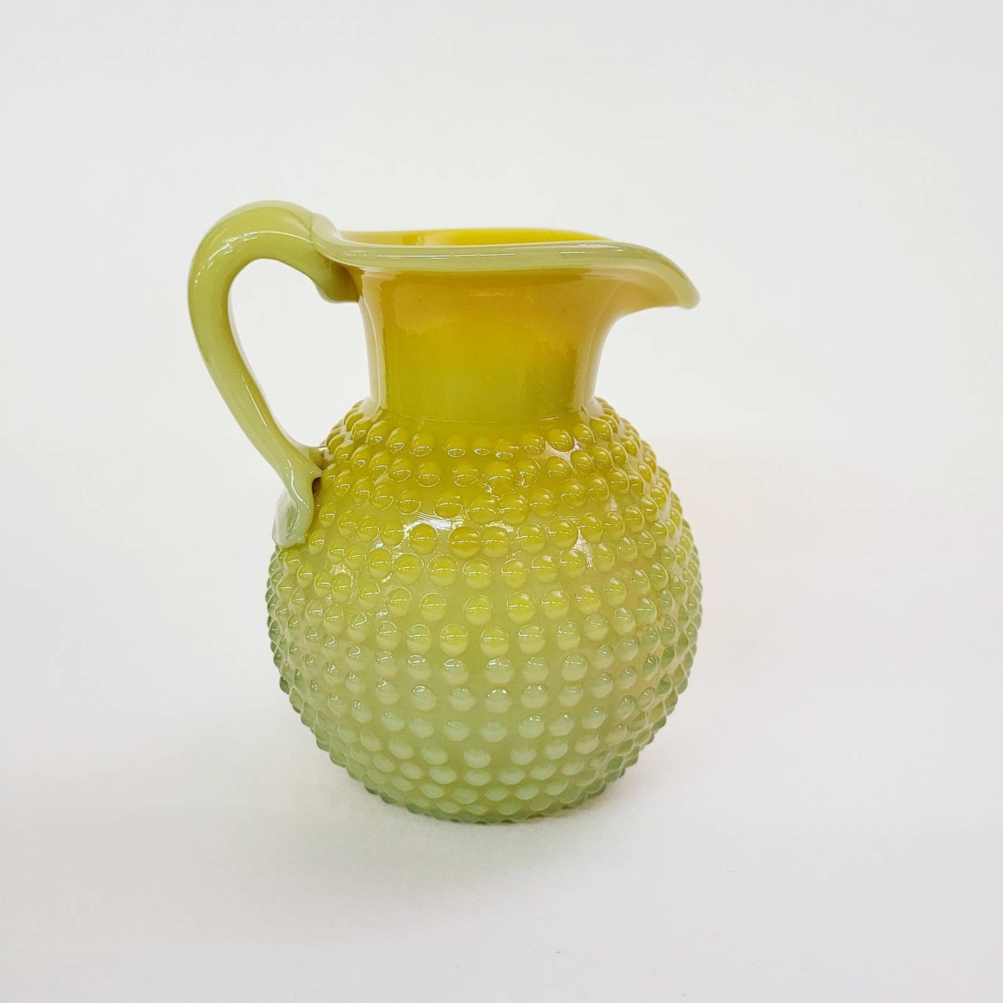VINTAGE ART GLASS YELLOW GREEN HOBNAIL PITCHER