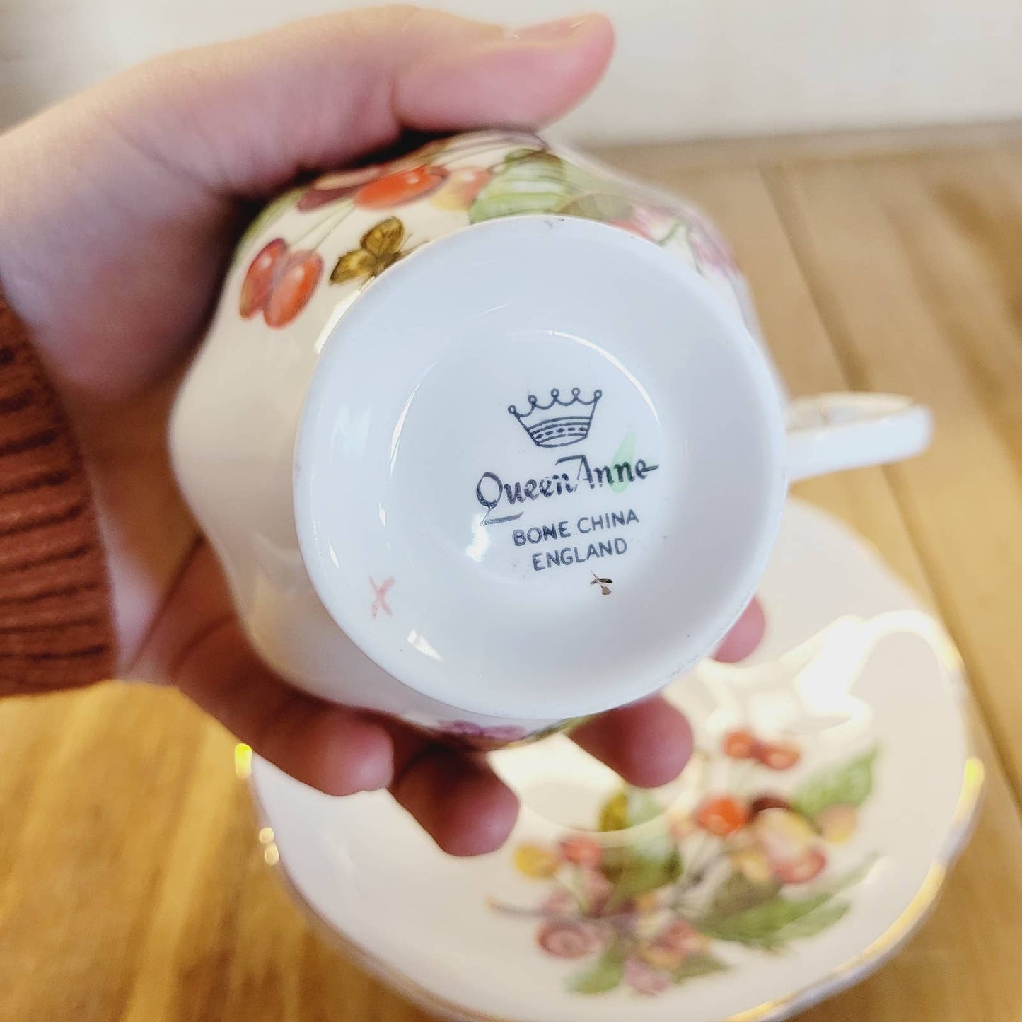 Vintage Queen Anne Bone China Teacup And Saucer Cherries