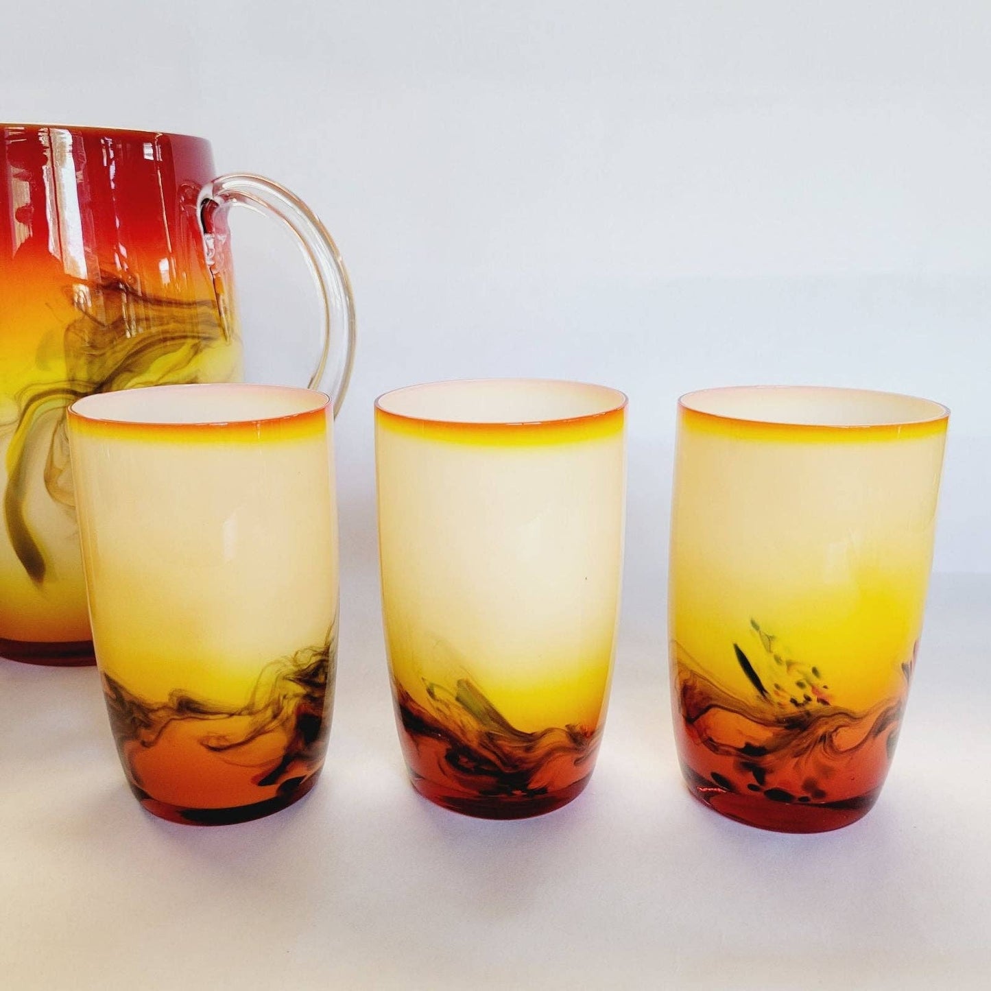 Vintage Cased Glass Tumblers and Pitcher
