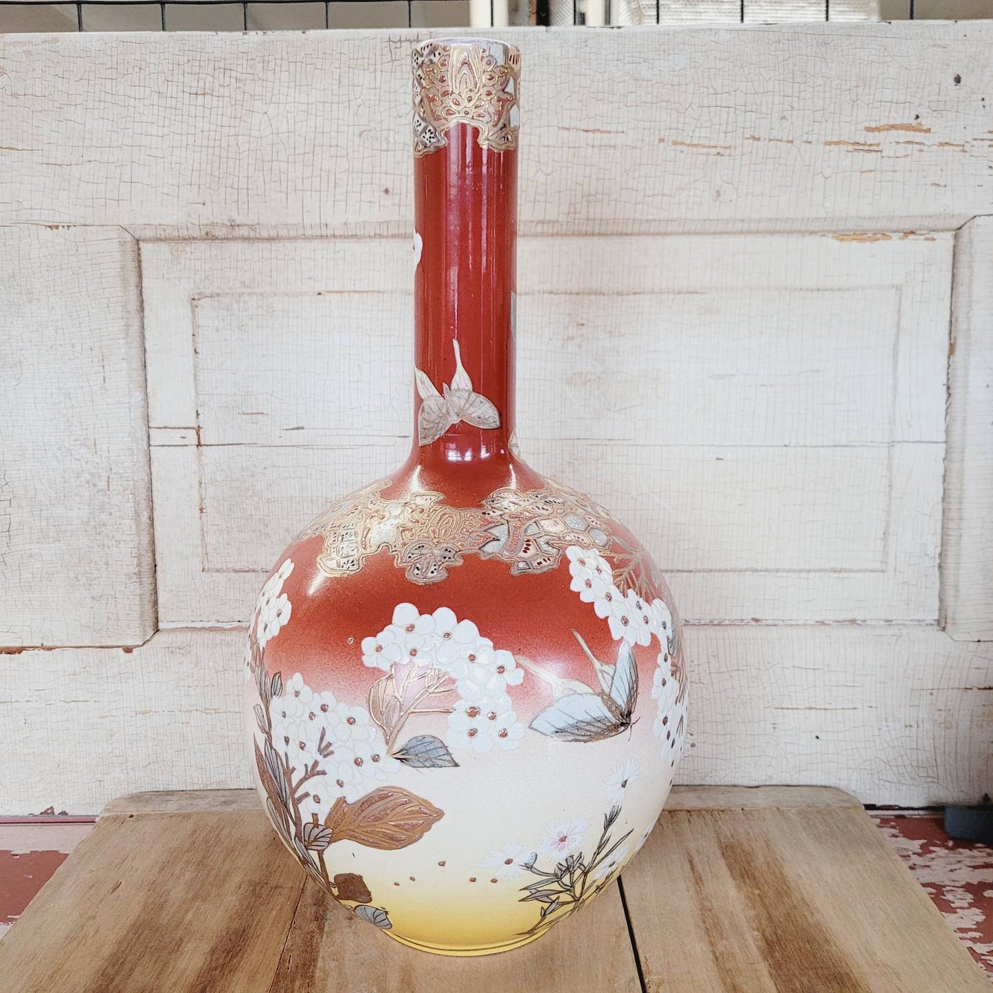 Antique Japanese Porcelain Vase with Butterflies and Blossoms