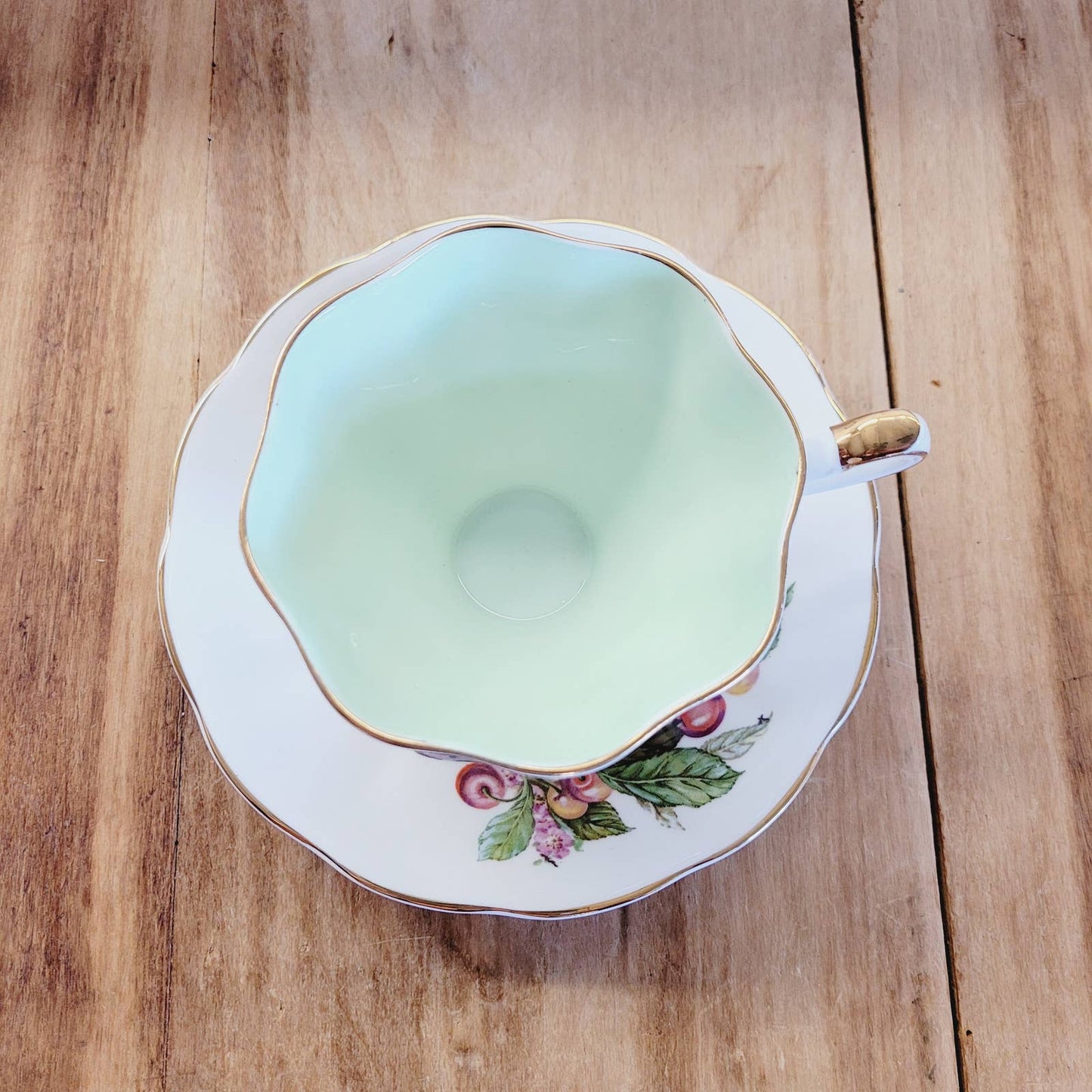 Vintage Queen Anne Bone China Teacup And Saucer Cherries