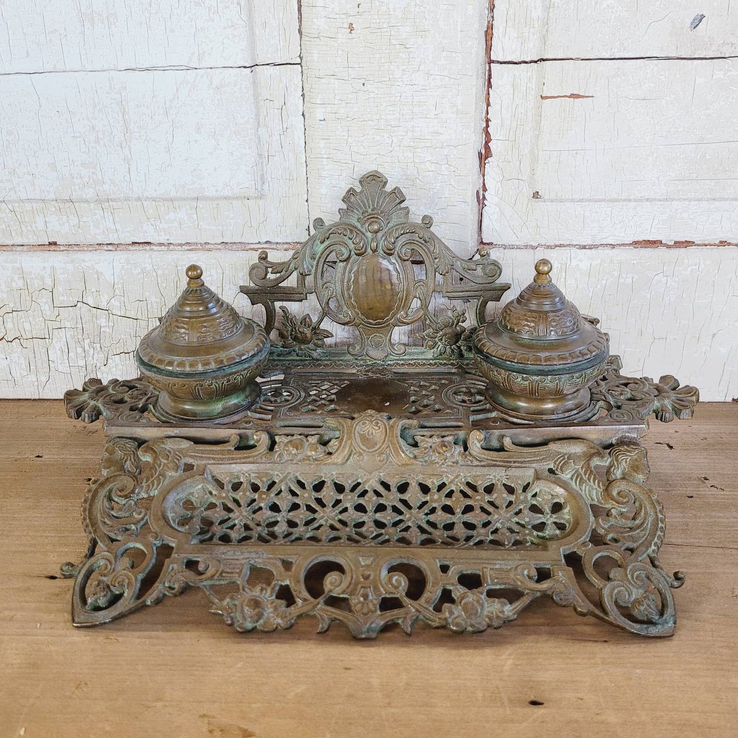 Original Antique Brass Double Inkwell