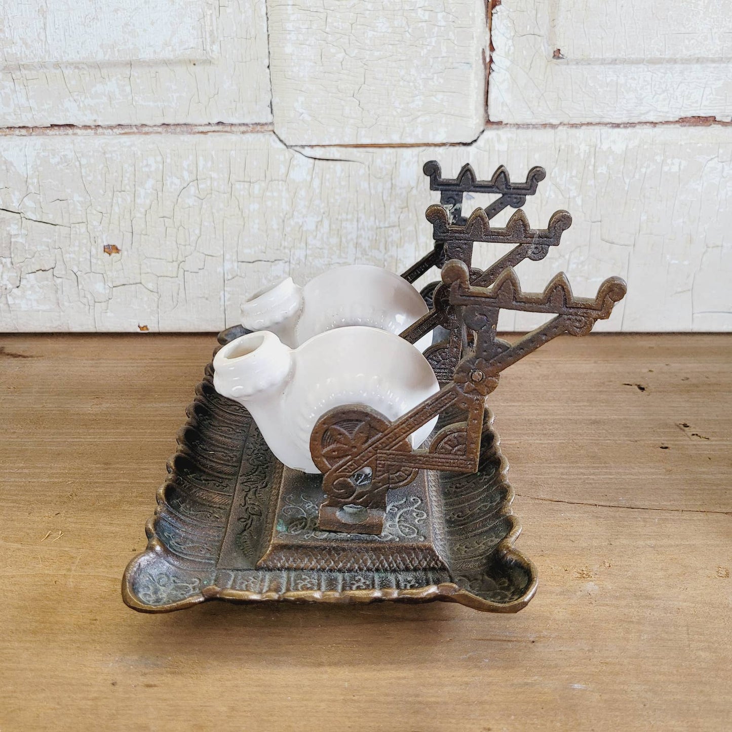 Antique Vintage Double Snail Inkwell Pen Holder Ceramic Stoneware