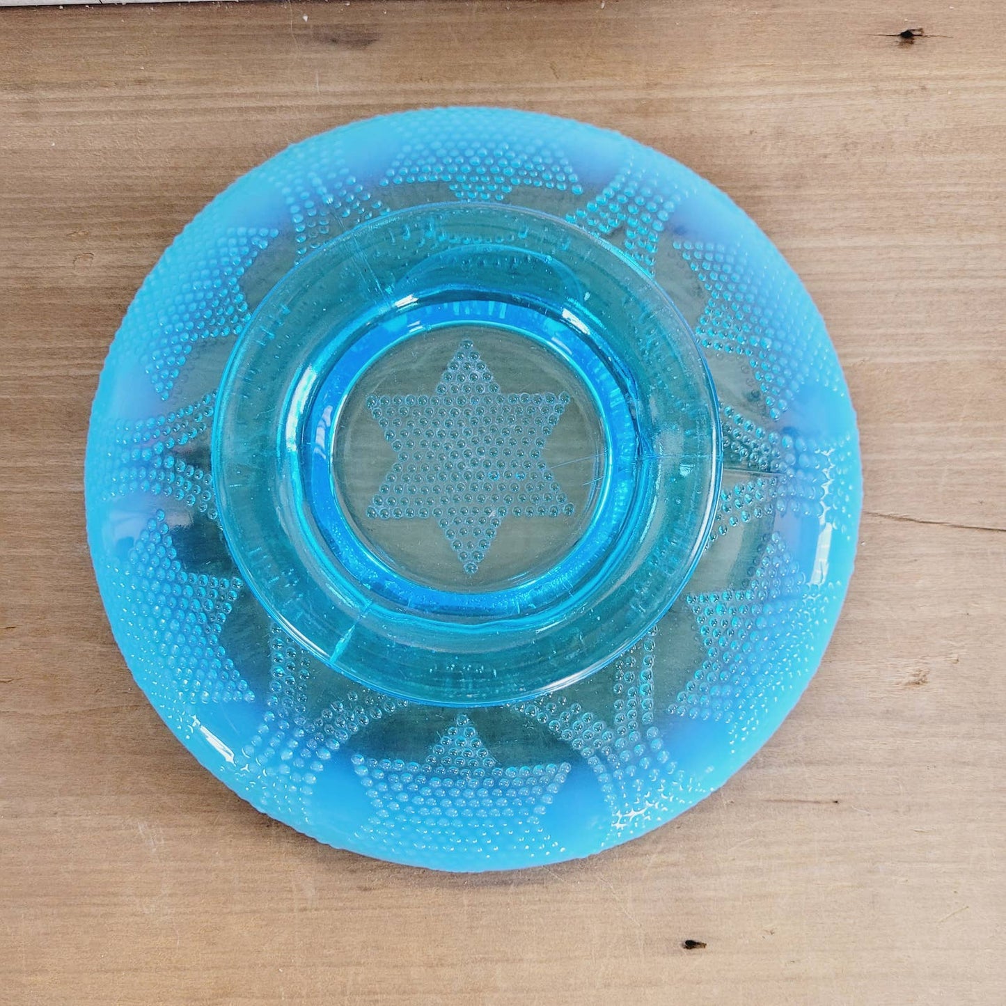 Vintage Fenton Beaded Stars and Swag Opalescent Blue Pedestal Bowl