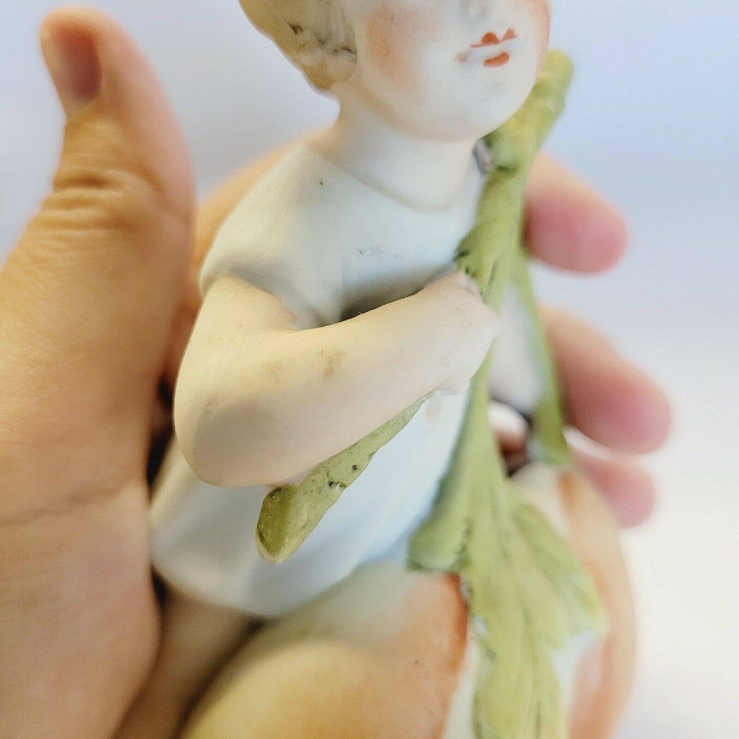 Antique Porcelain Bisque Boy with Peaches Planter 5 1/4" Figurine.