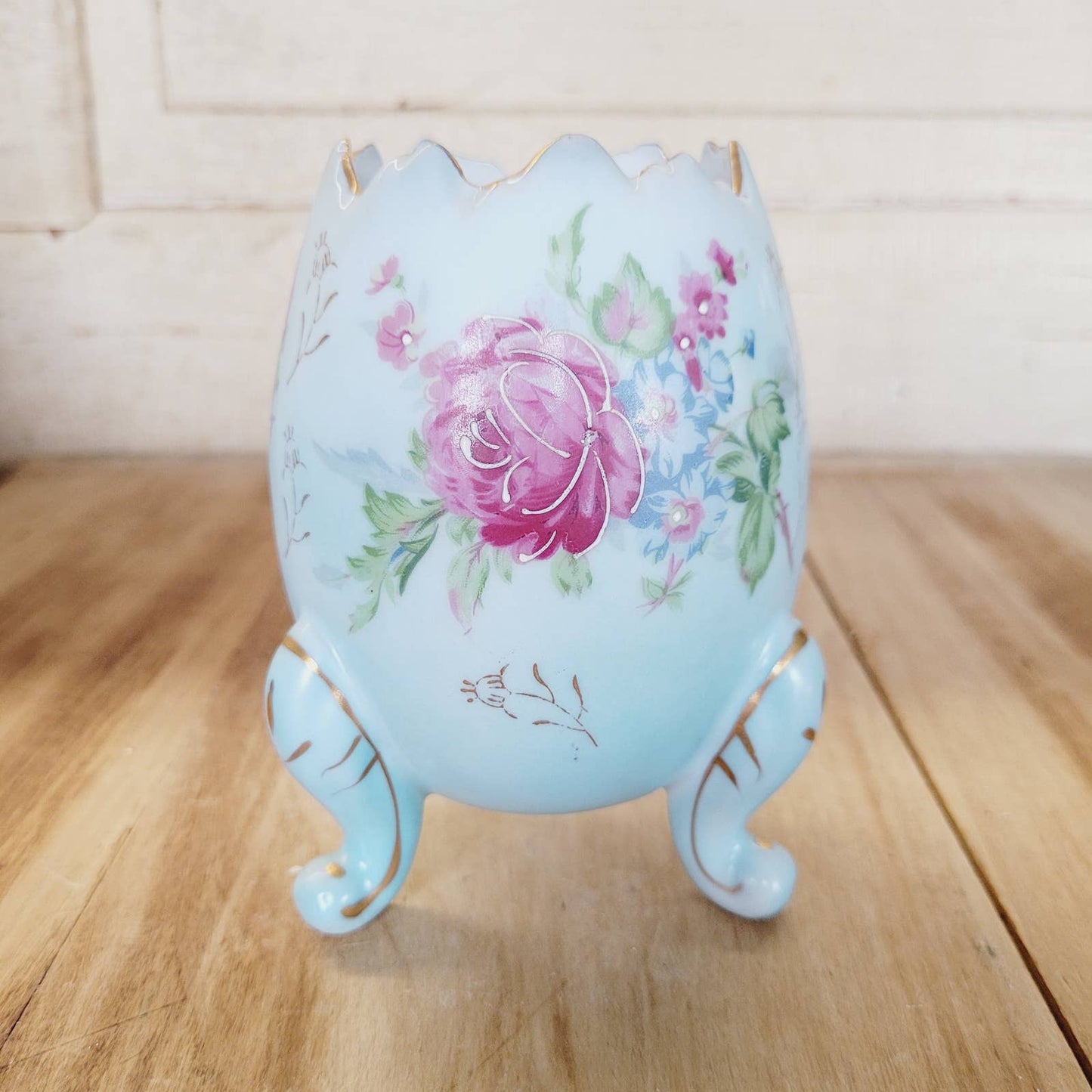 VINTAGE NAPCOWARE Hand Painted Blue Cracked Egg Vase Roses 5" Blue