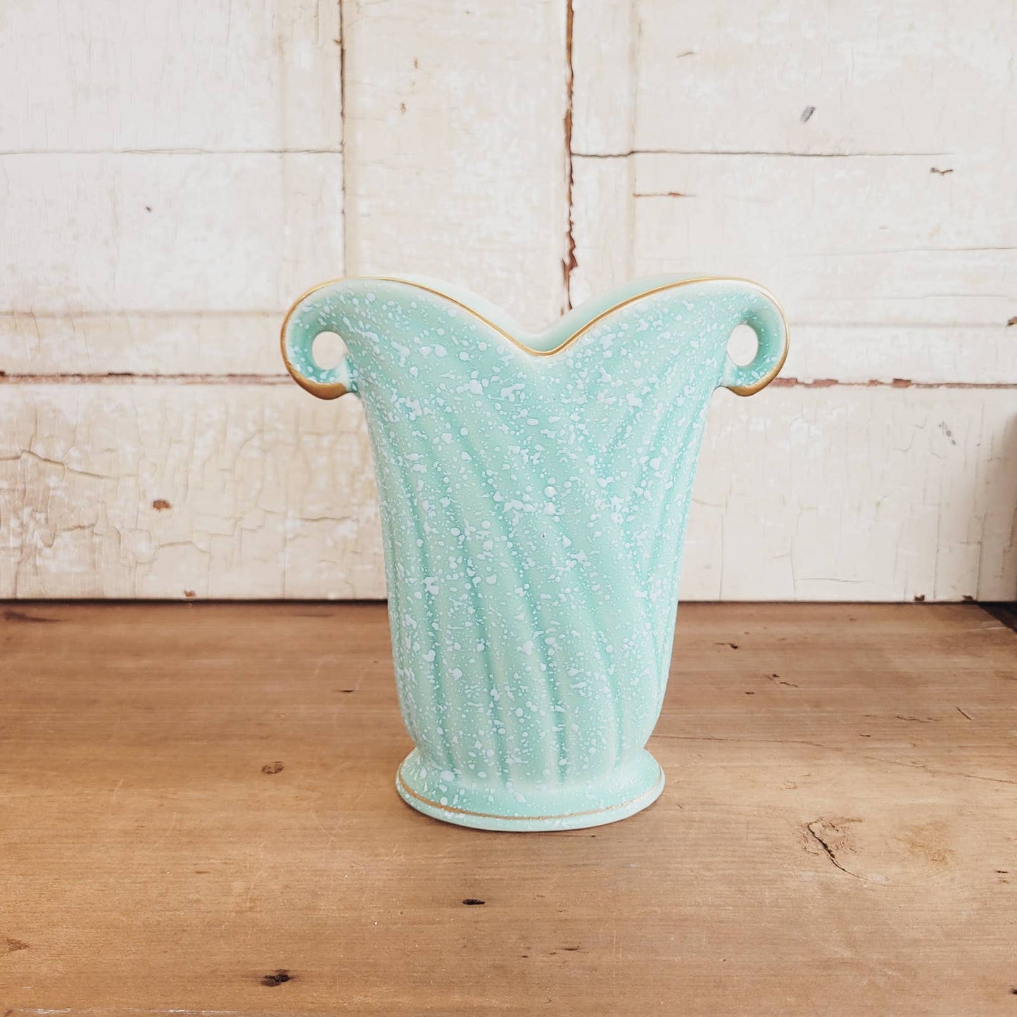 Vintage Crown Devon Vase Aqua, Speckled, Gold Trim