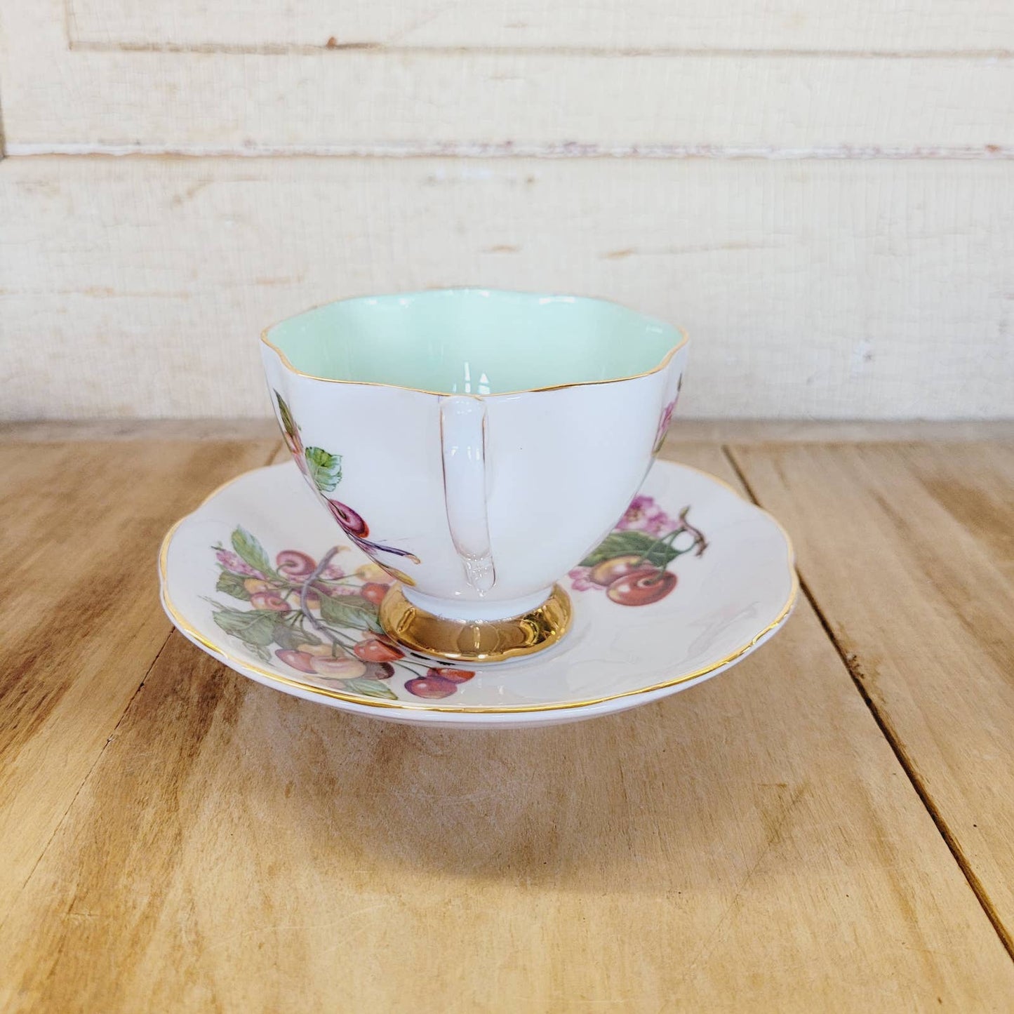 Vintage Queen Anne Bone China Teacup And Saucer Cherries