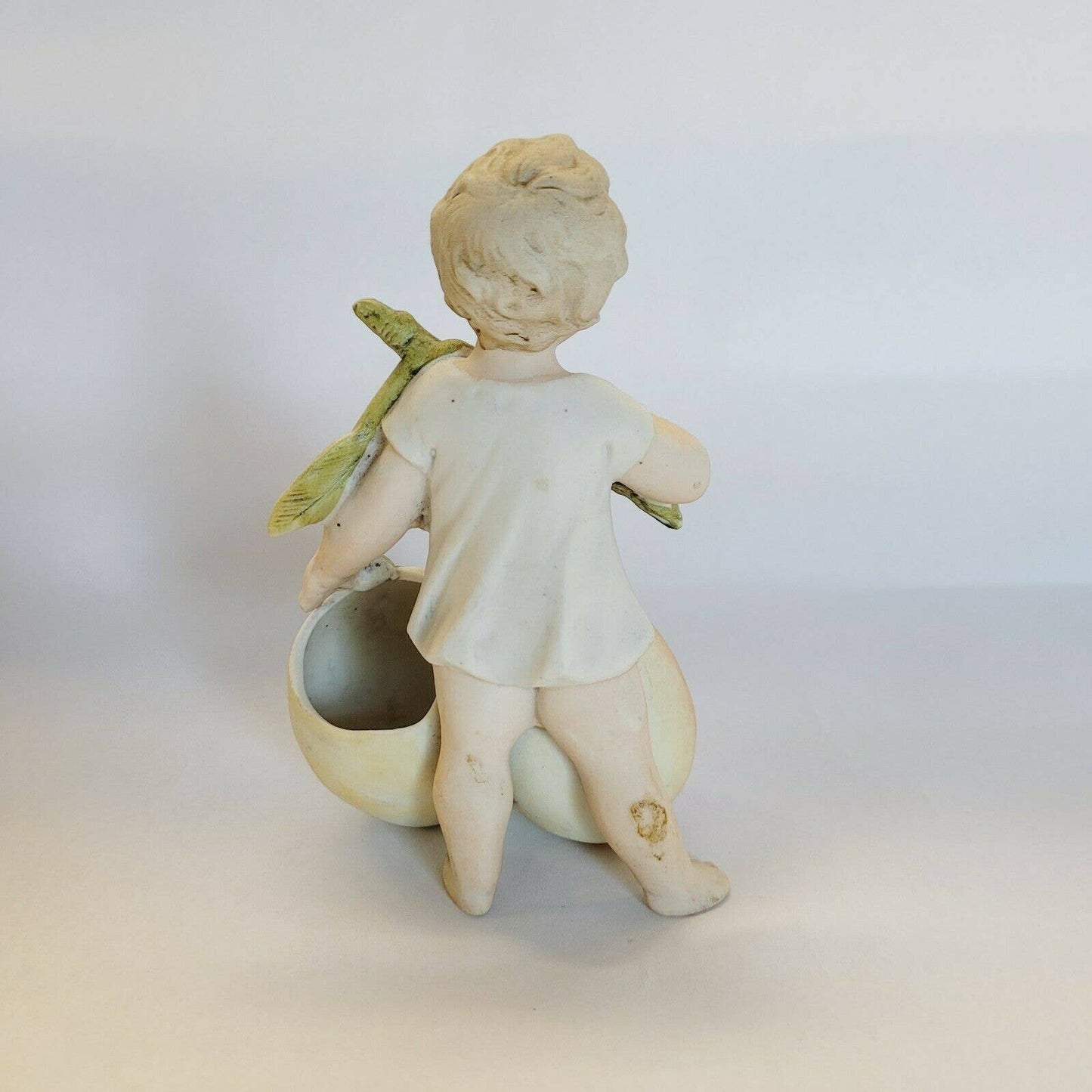 Antique Porcelain Bisque Boy with Peaches Planter 5 1/4" Figurine.