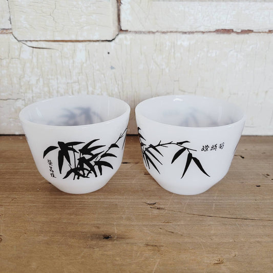 2 Vintage Federal Glass Milk Glass Custard Cup Bowls Asian Bamboo