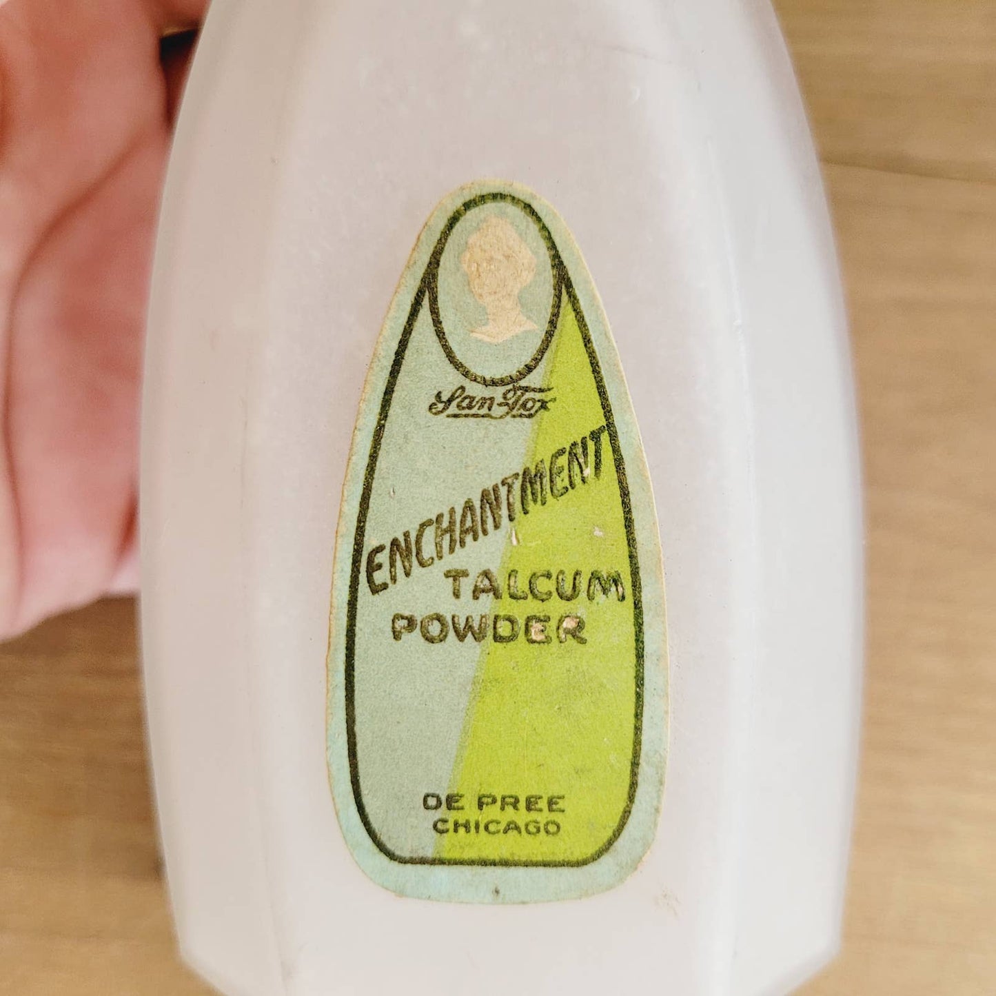 Antique San-Tox Enchantment Talcum Powder Bottle De Pree Chicago
