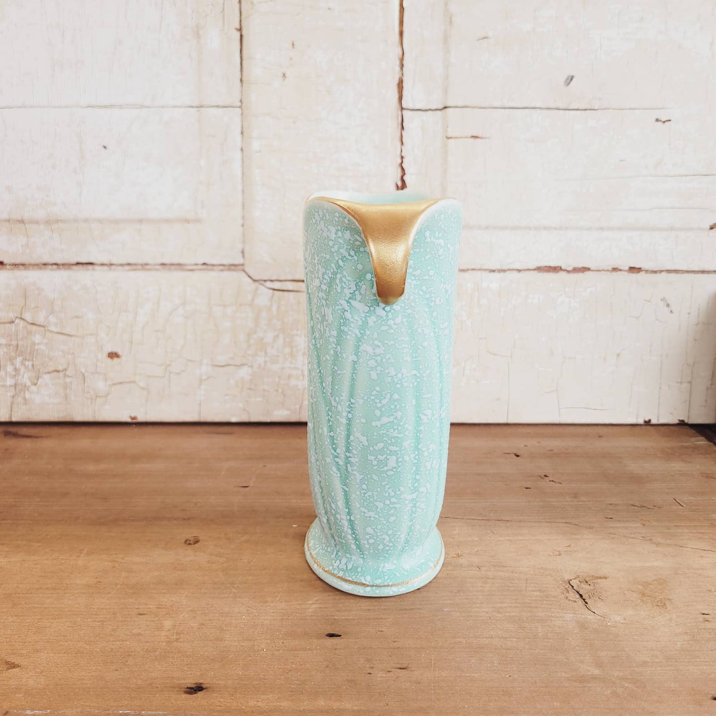 Vintage Crown Devon Vase Aqua, Speckled, Gold Trim