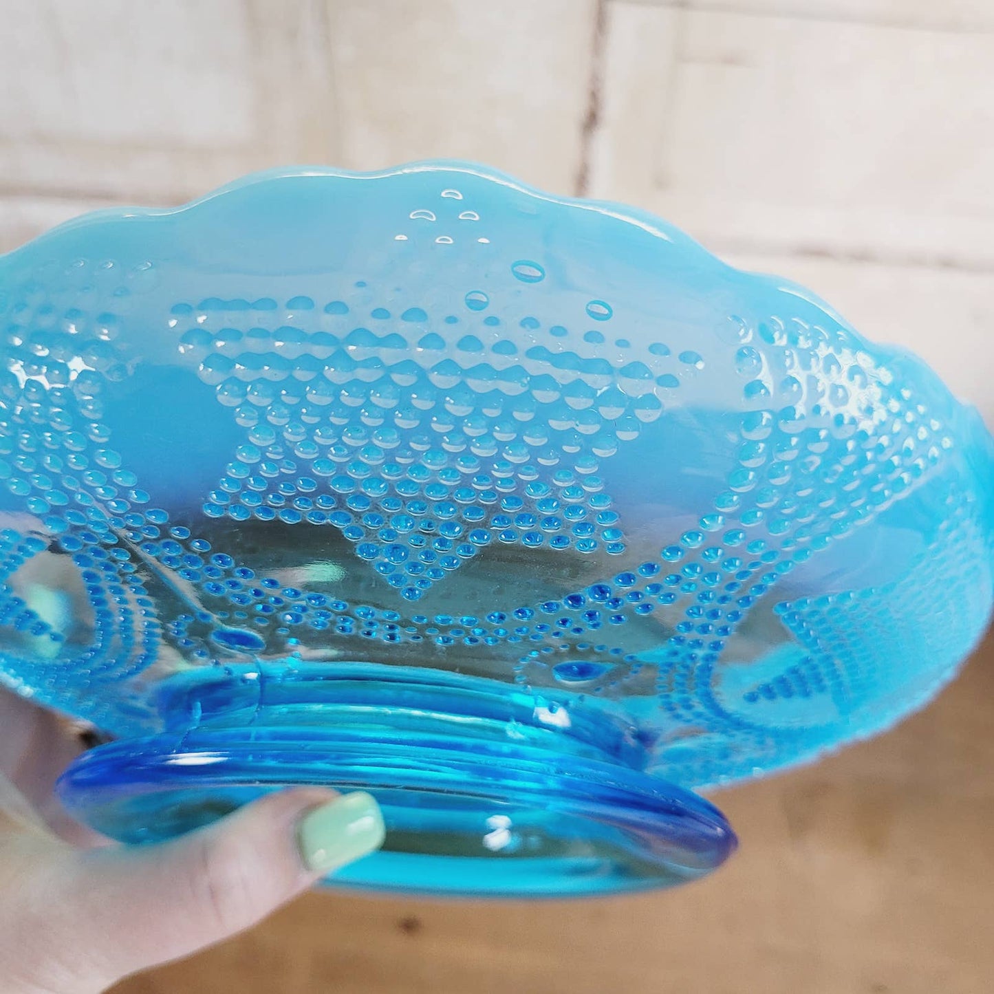 Vintage Fenton Beaded Stars and Swag Opalescent Blue Pedestal Bowl