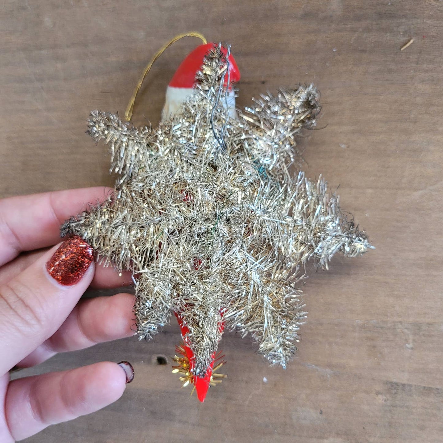 Vintage Porcelain Santa and Tinsel Star Christmas Ornament