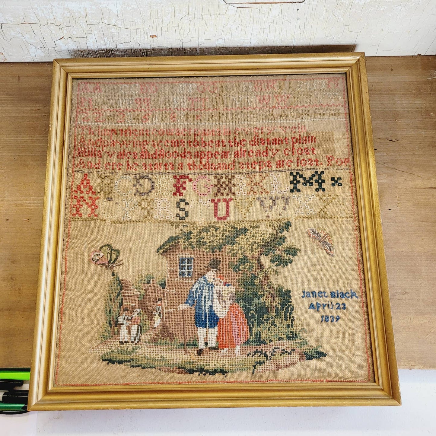Antique Janet Black 1838 1839 Sampler Alexander Pope Windsor Forest Framed