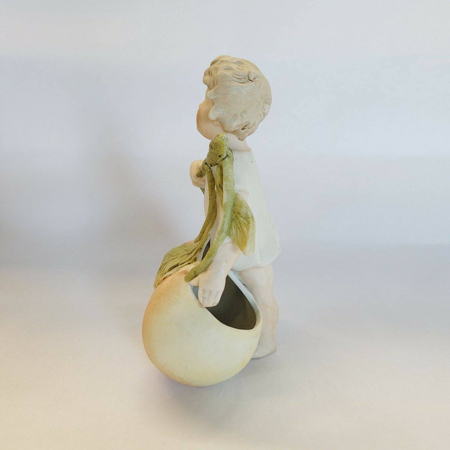 Antique Porcelain Bisque Boy with Peaches Planter 5 1/4" Figurine.