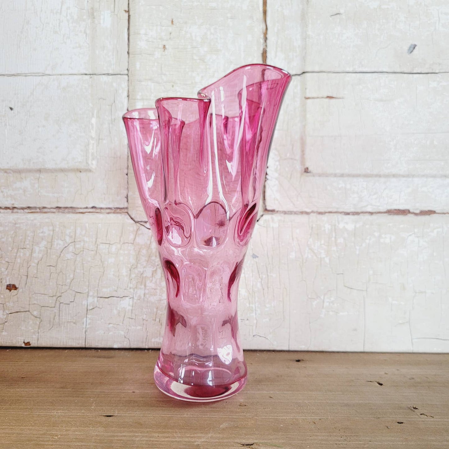 Vintage Art Glass Cranberry Thumbprint Handkerchief Vase