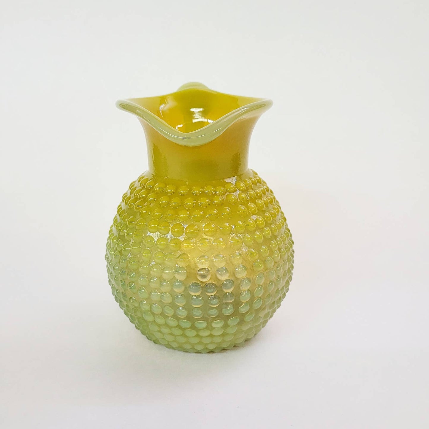 VINTAGE ART GLASS YELLOW GREEN HOBNAIL PITCHER