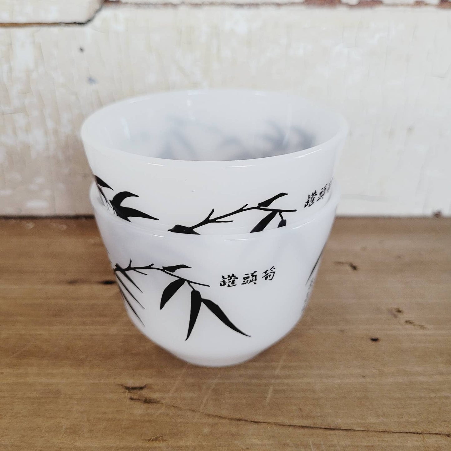 2 Vintage Federal Glass Milk Glass Custard Cup Bowls Asian Bamboo