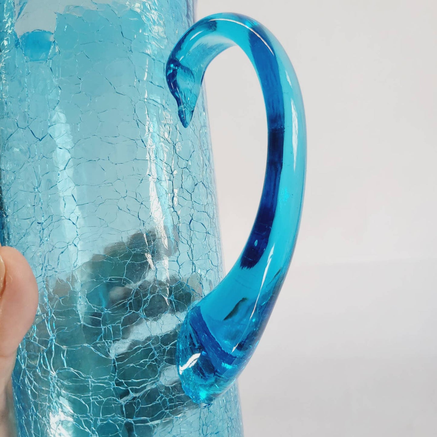 Vintage Blue Crackle Glass Pitcher 11"