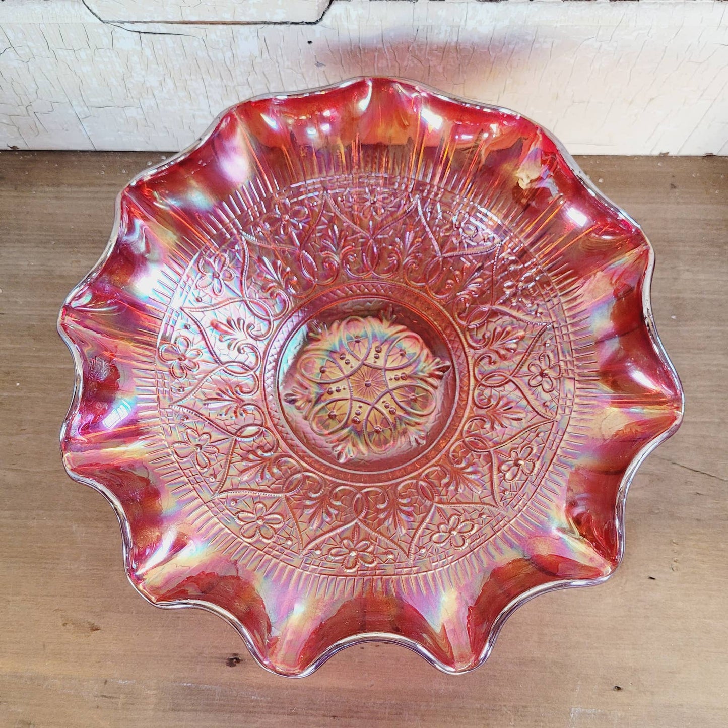 10” Large Fenton RED Carnival Glass Pedestal Bowl Hearts & Flowers