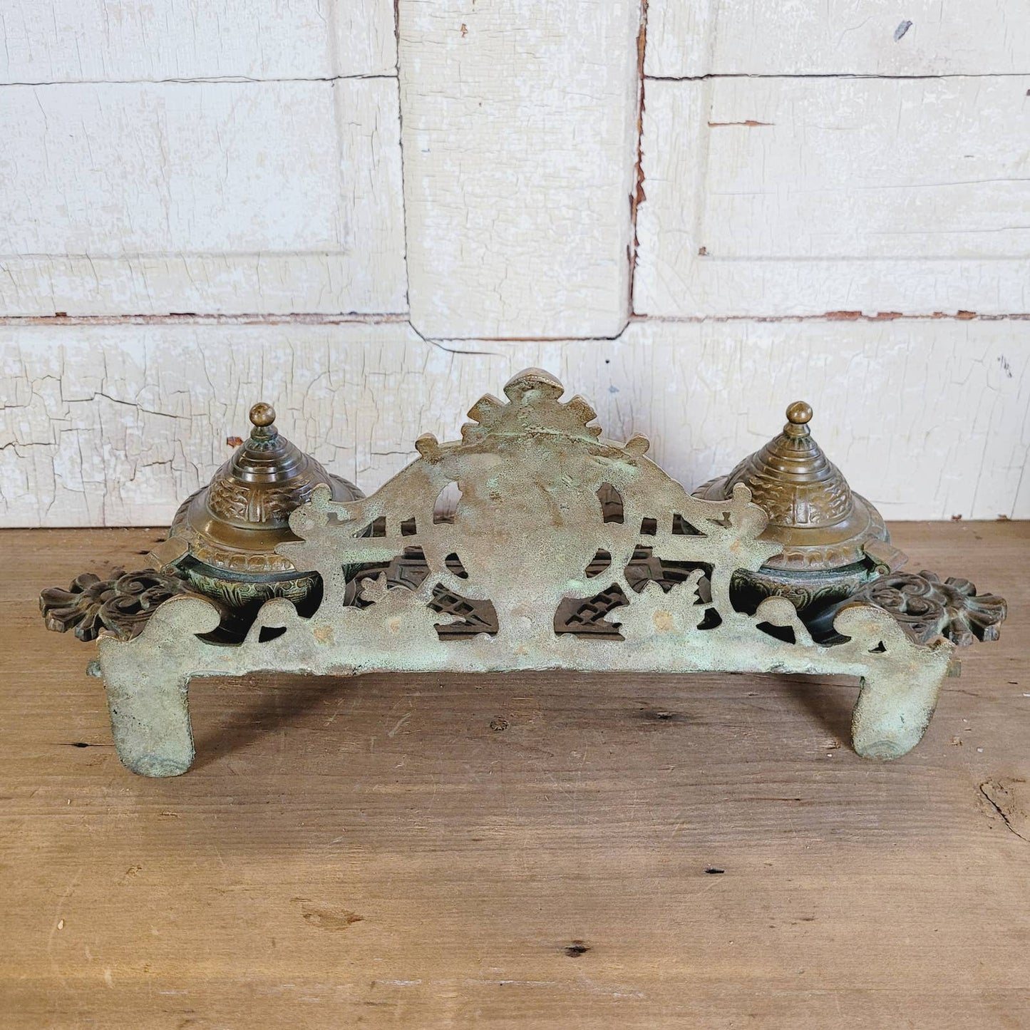 Original Antique Brass Double Inkwell