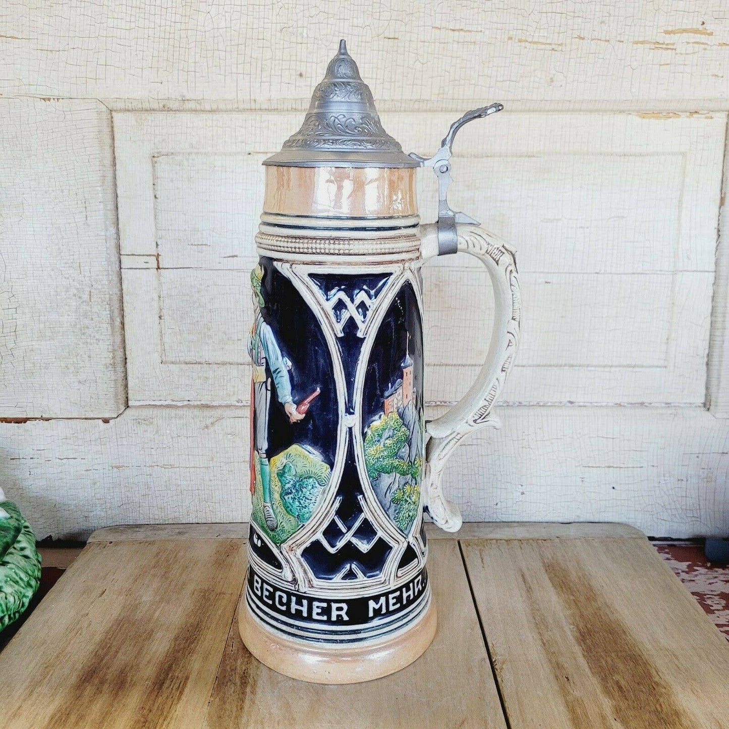 Vintage Large 14" Tall German Stoneware Lidded Beer Mug Stein Germany Thewalt.