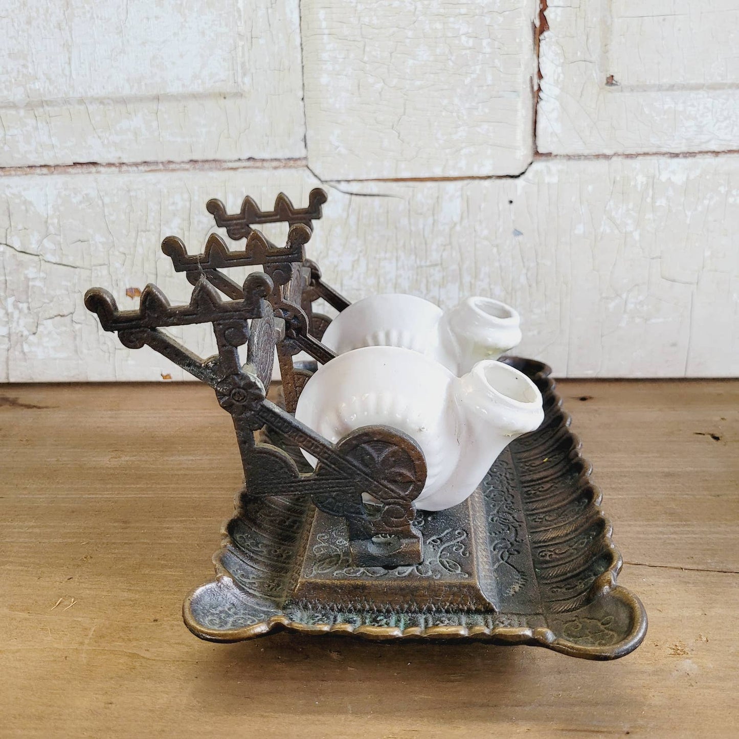 Antique Vintage Double Snail Inkwell Pen Holder Ceramic Stoneware